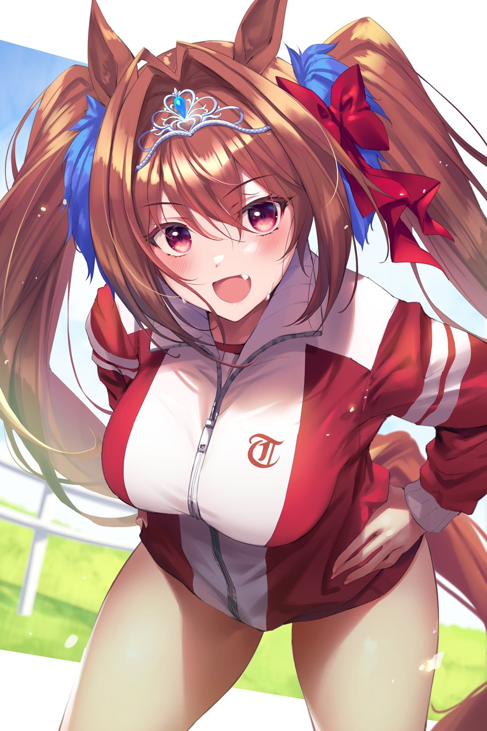 Anime 980x1470 anime girls Uma Musume Pretty Derby smiling thighs big boobs training open mouth hanging boobs ecchi twintails brunette animal ears bangs tiaras red eyes Daiwa Scarlet (Uma Musume: Pretty Derby) hands on hips red ribbon blushing sweat curvy arched back tracksuit looking at viewer red jackets depth of field fan art anime portrait display 2D artwork Fukai Ryosuke