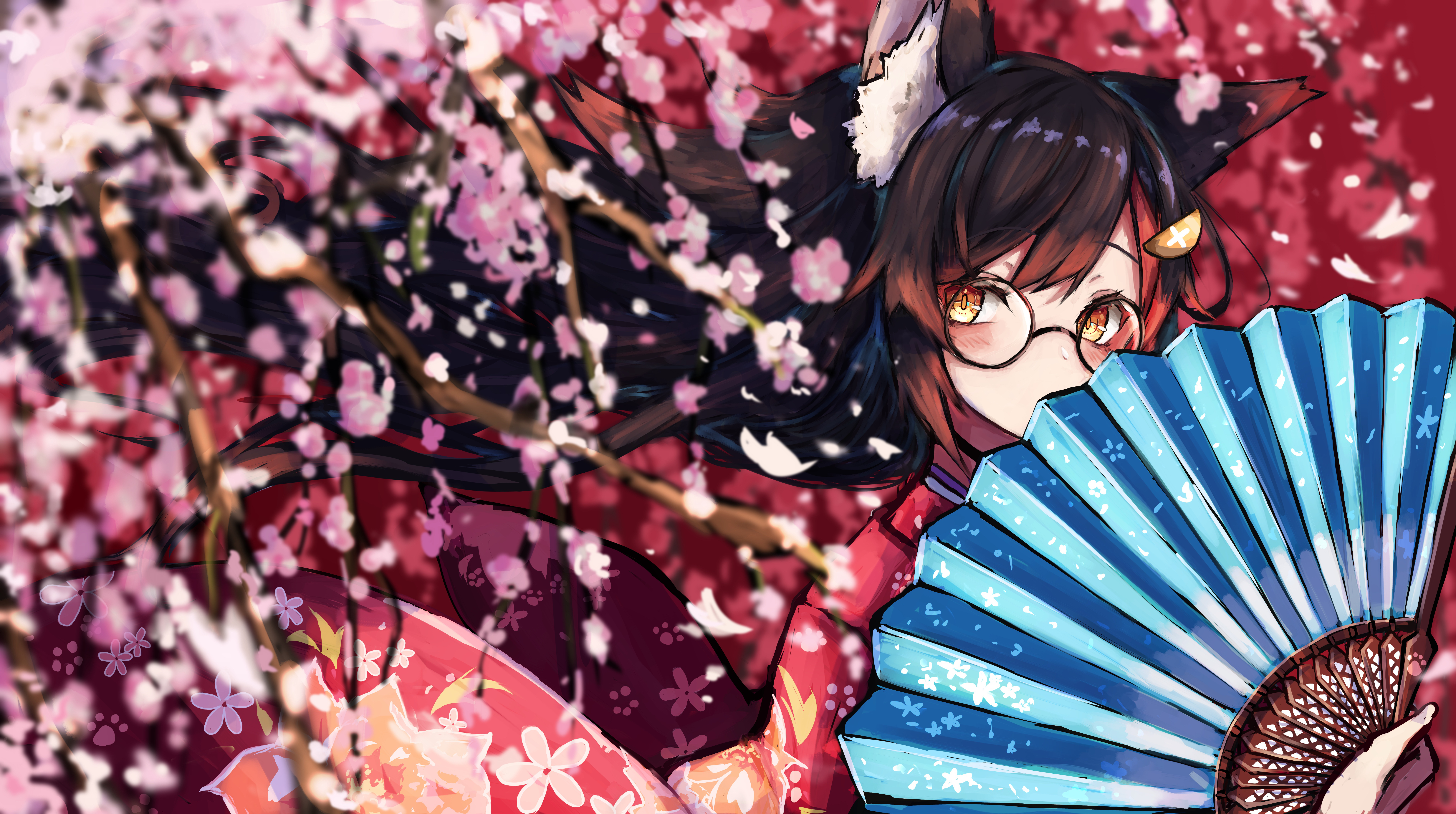 Anime 7856x4392 anime anime girls kimono cherry trees hand fan glasses red eyes Ookami Mio Hololive long hair brunette animal ears looking at viewer barrette