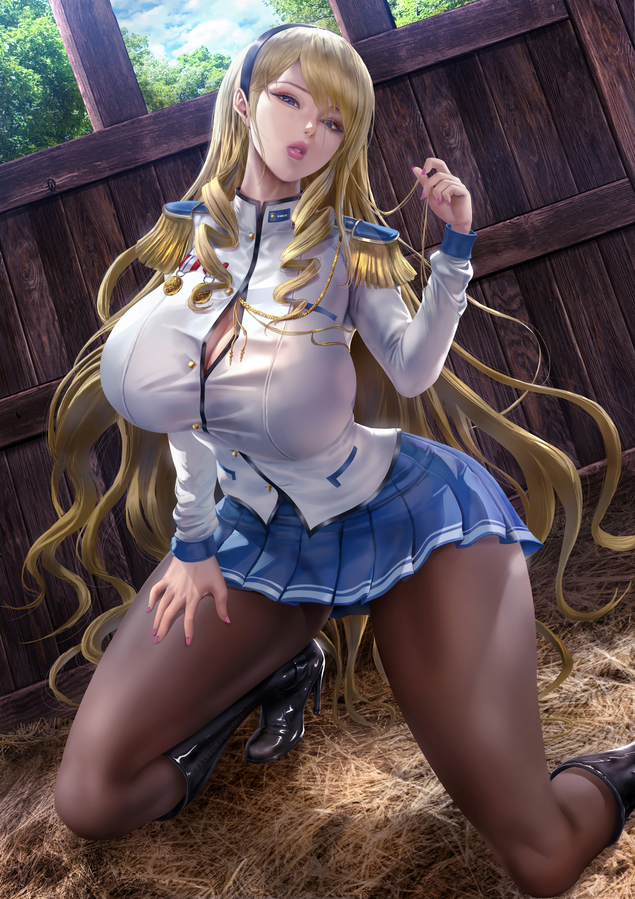 Anime 2100x2970 Lexaiduer fan art illustration digital art big boobs kneeling uniform pantyhose blonde long hair Walkure Romanze Celia Cumani Aintree