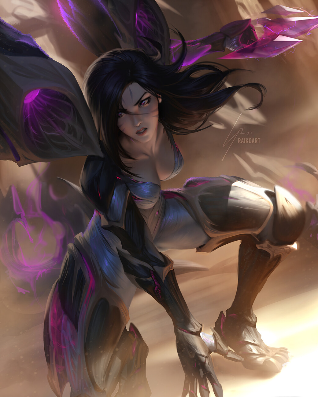 General 1040x1300 Sean Tay drawing League of Legends Kai'Sa (League of Legends) dark hair warrior looking away face paint wings fighting purple bodysuit tight clothing cleavage