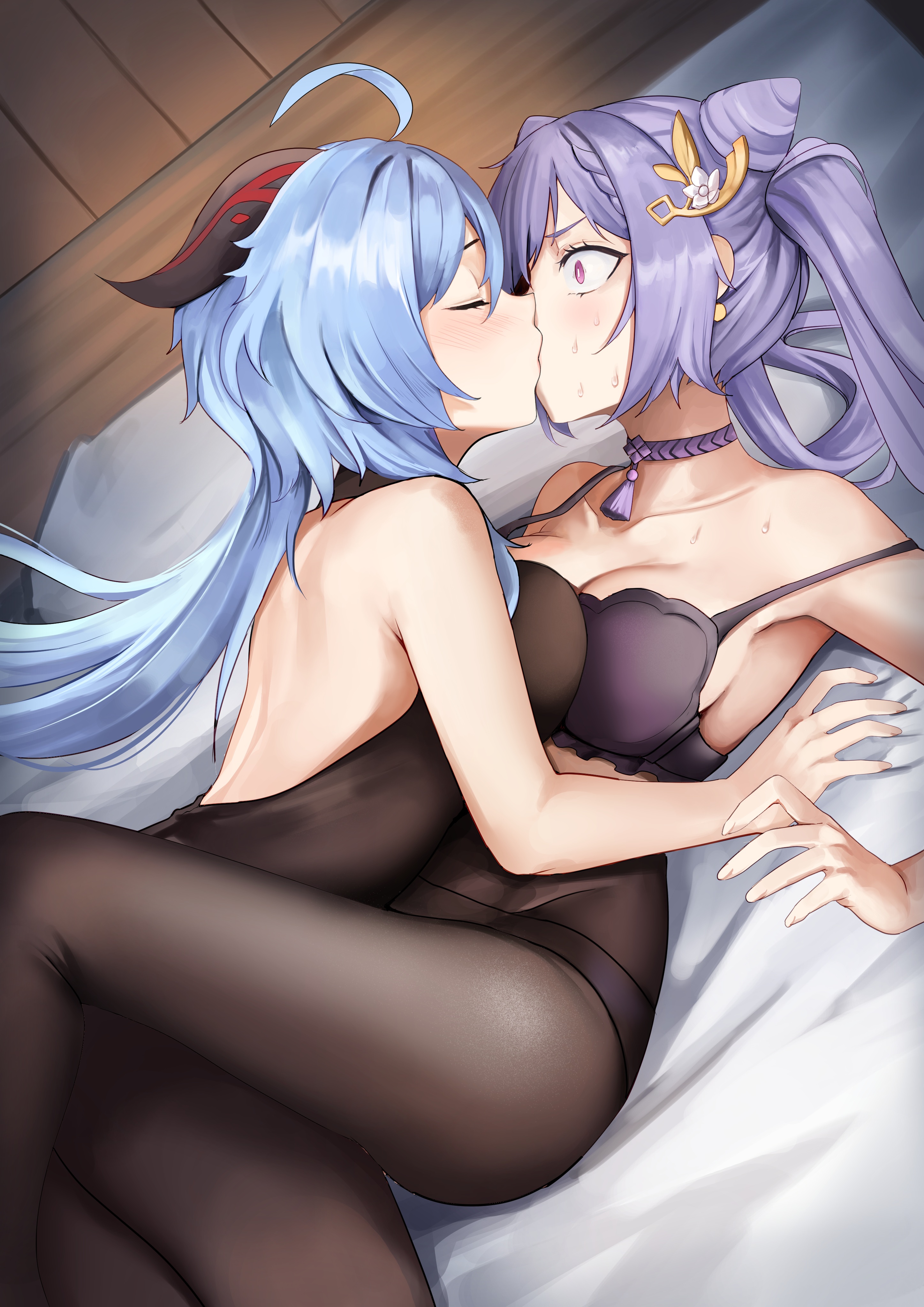 Anime 2894x4093 anime girls kissing in bed bodystocking underwear