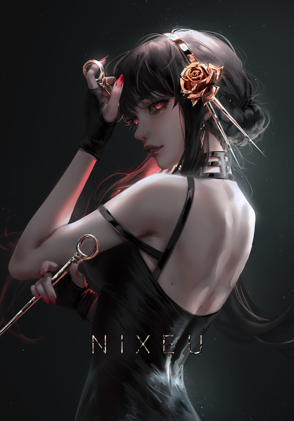 General 1015x1450 Nixeu drawing women brunette red nails flower in hair red eyes rose dress black clothing simple background Spy x Family Yor Forger anime