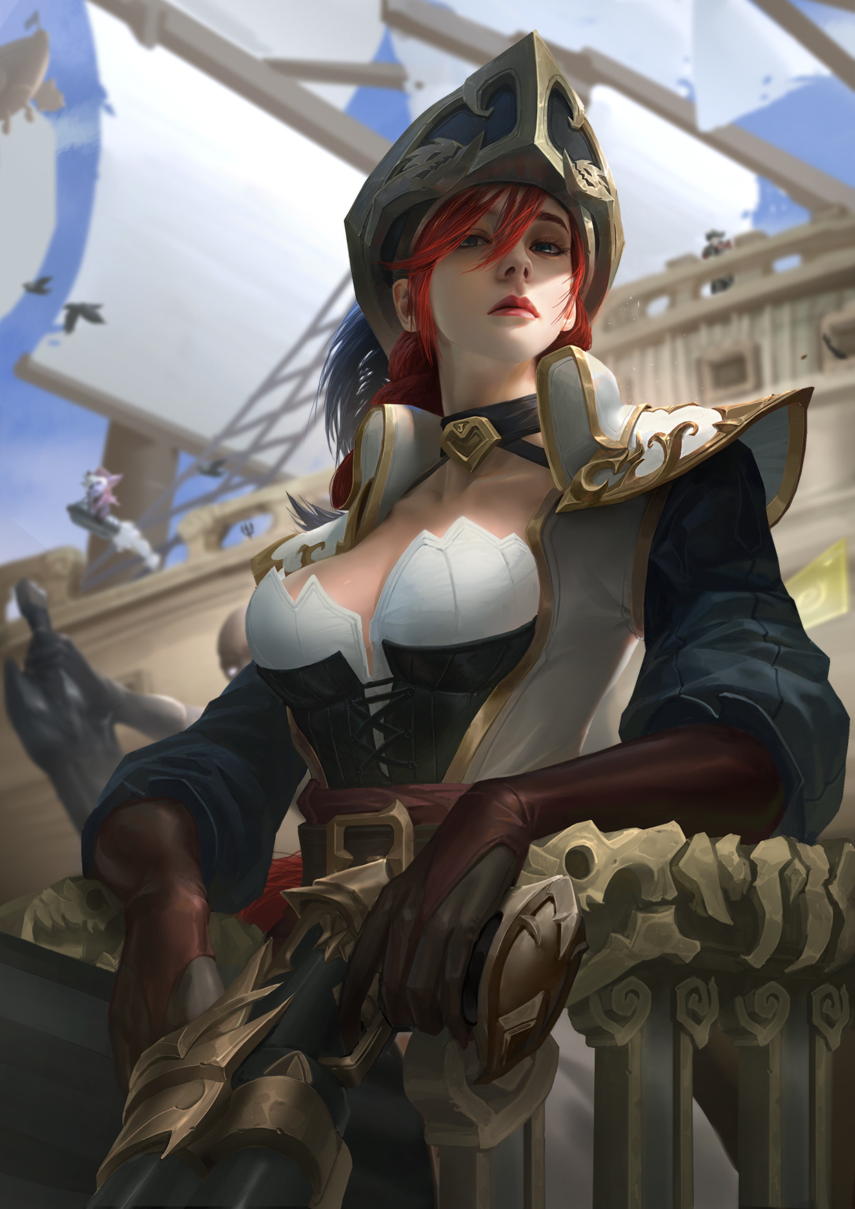 Anime 1240x1754 fantasy girl League of Legends pirate hat Pirate ship pirates redhead