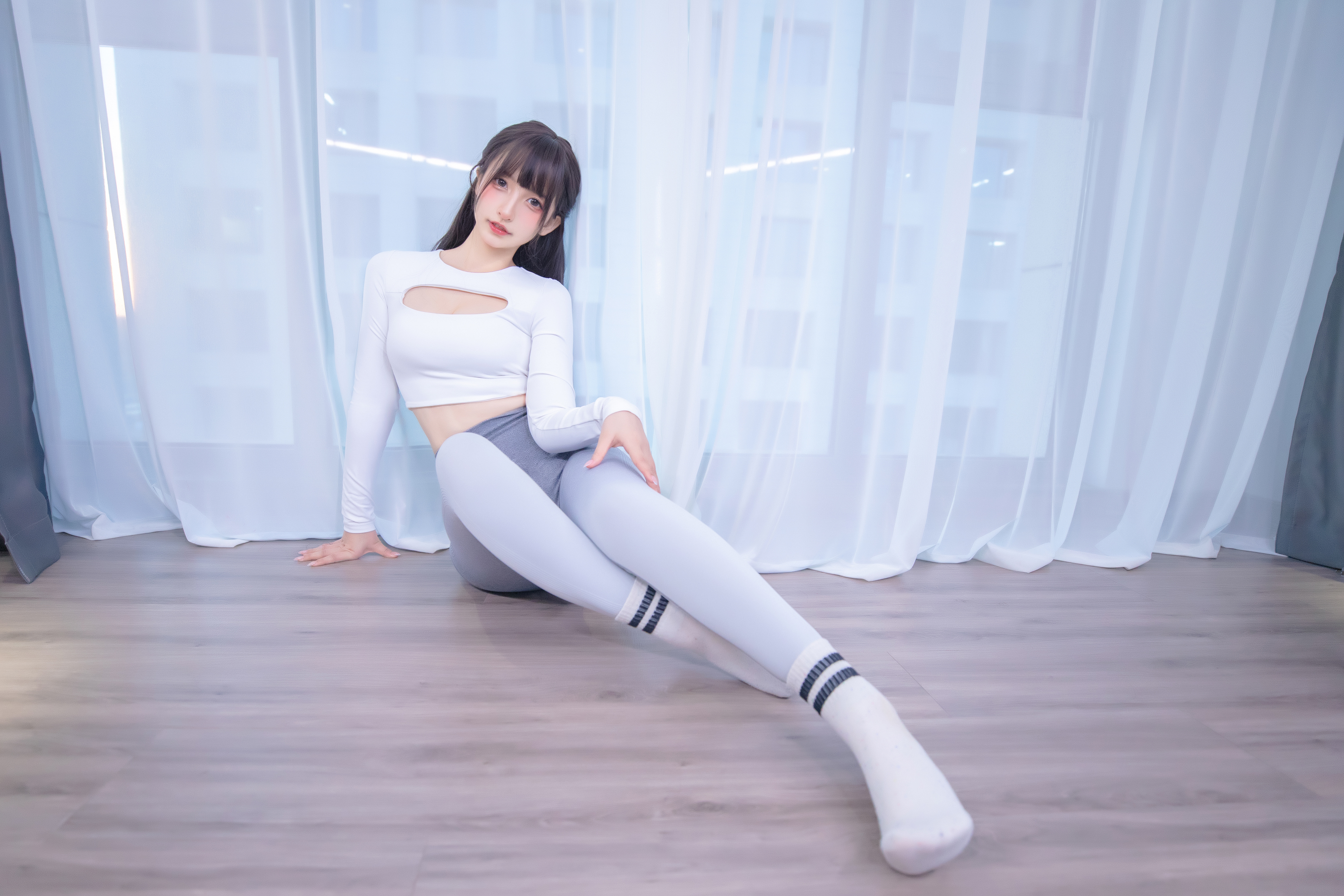 People 3000x2000 women model Asian white tops leggings casual women indoors yoga pants Mafuyu Kagurazaka
