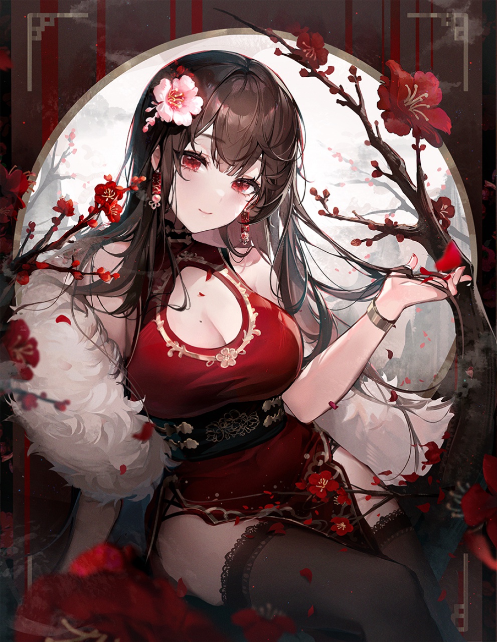 Anime 991x1280 original characters anime girls cleavage chinese dress thigh-highs big boobs long hair brunette red eyes artwork Ttosom cleavage cutout