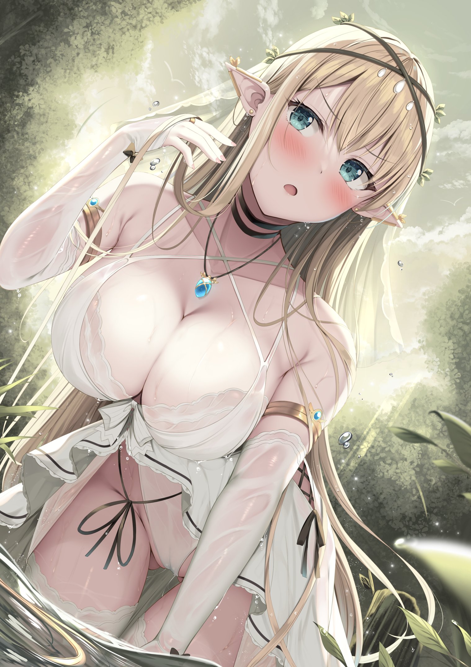 Anime 1518x2150 anime anime girls big boobs wet clothing lingerie cleavage pointy ears blonde green eyes Tomoo bent over blushing