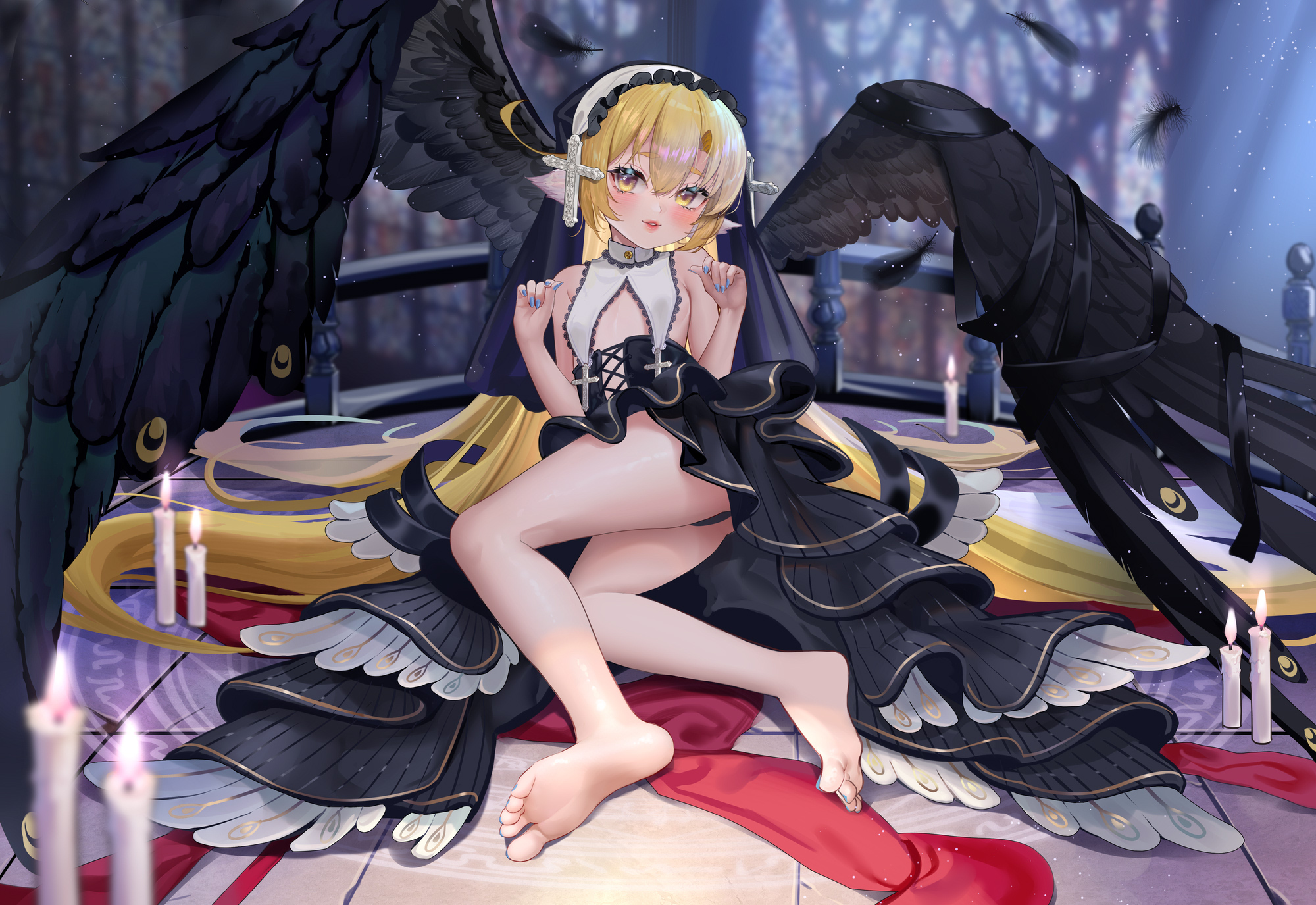 Anime 2000x1375 anime anime girls barefoot blonde wings yellow eyes cyan nails fantasy art fantasy girl candles legs dark angel angel wings feet