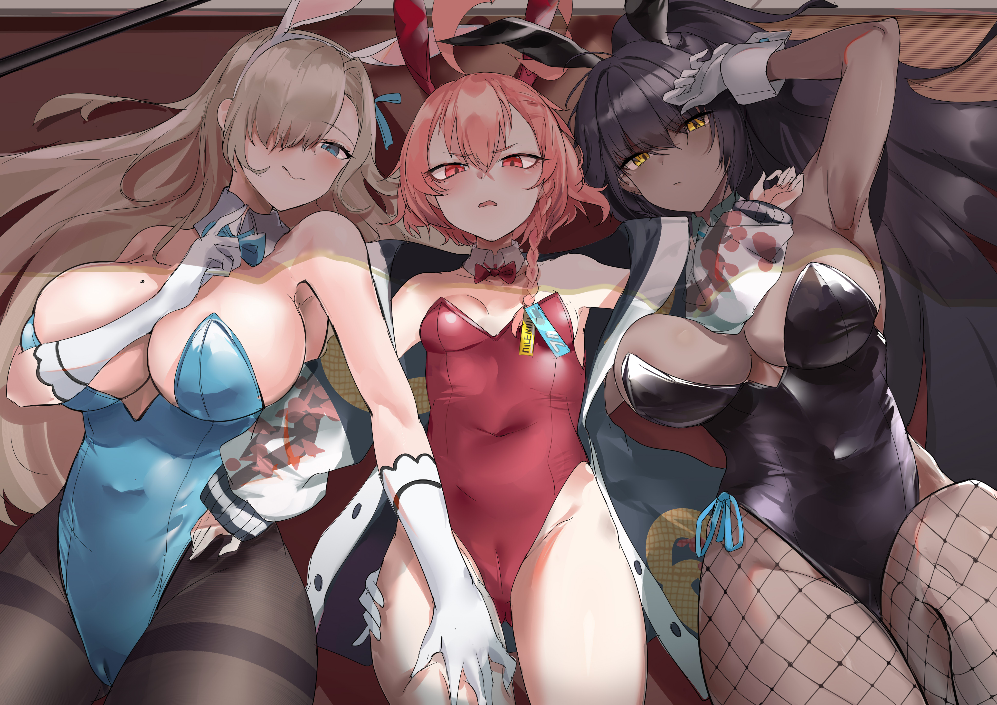 Anime 4093x2894 anime anime girls Blue Archive bunny suit big boobs bunny ears fishnet cleavage looking up Asuna Ichinose Kakudate Karin lying down Mikamo Neru lying on back group of women armpits moles mole on breast hair over one eye gloves looking at viewer bow tie