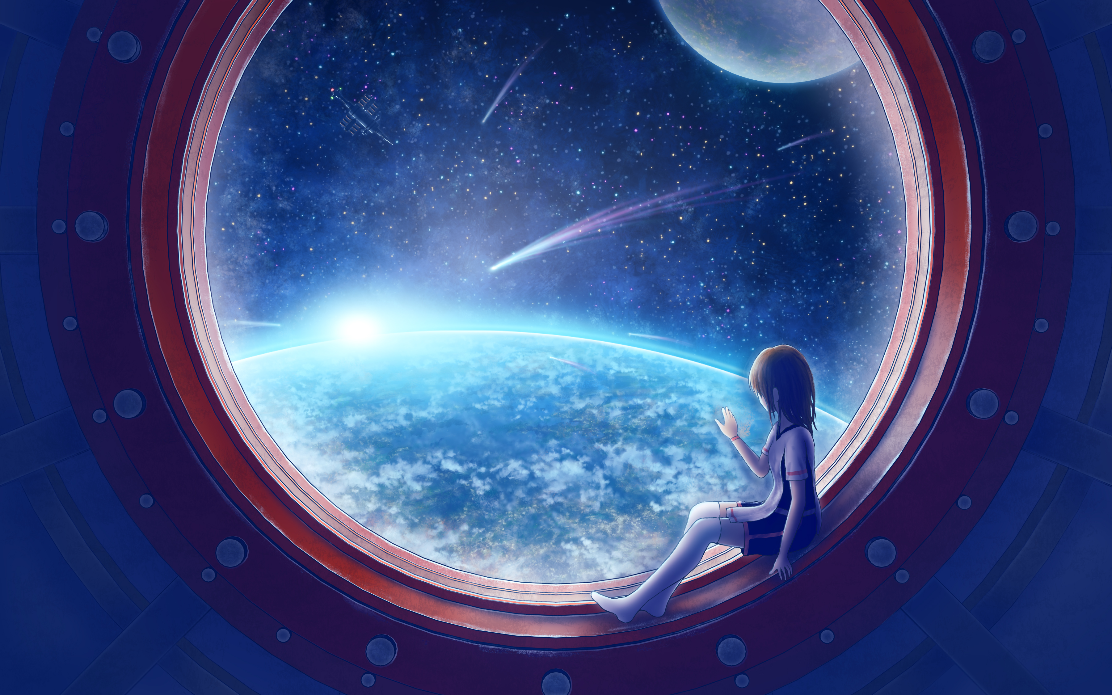 Anime 3600x2250 anime anime girls Earth Moon stars spaceship window space shooting stars