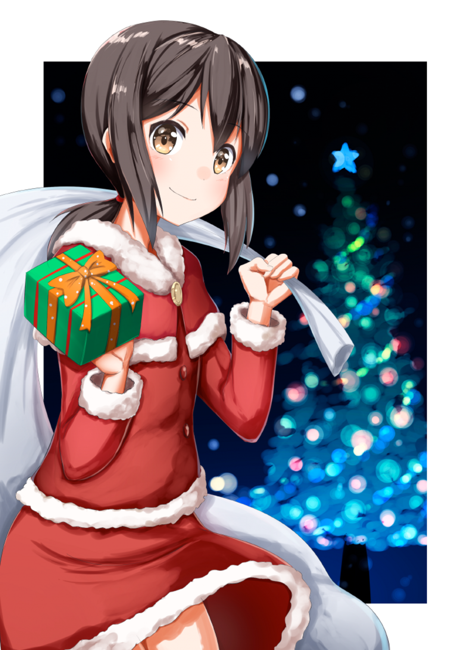 Anime 1582x2182 anime anime girls Kantai Collection Fubuki (KanColle) ponytail brunette solo artwork digital art fan art Christmas clothes Christmas presents