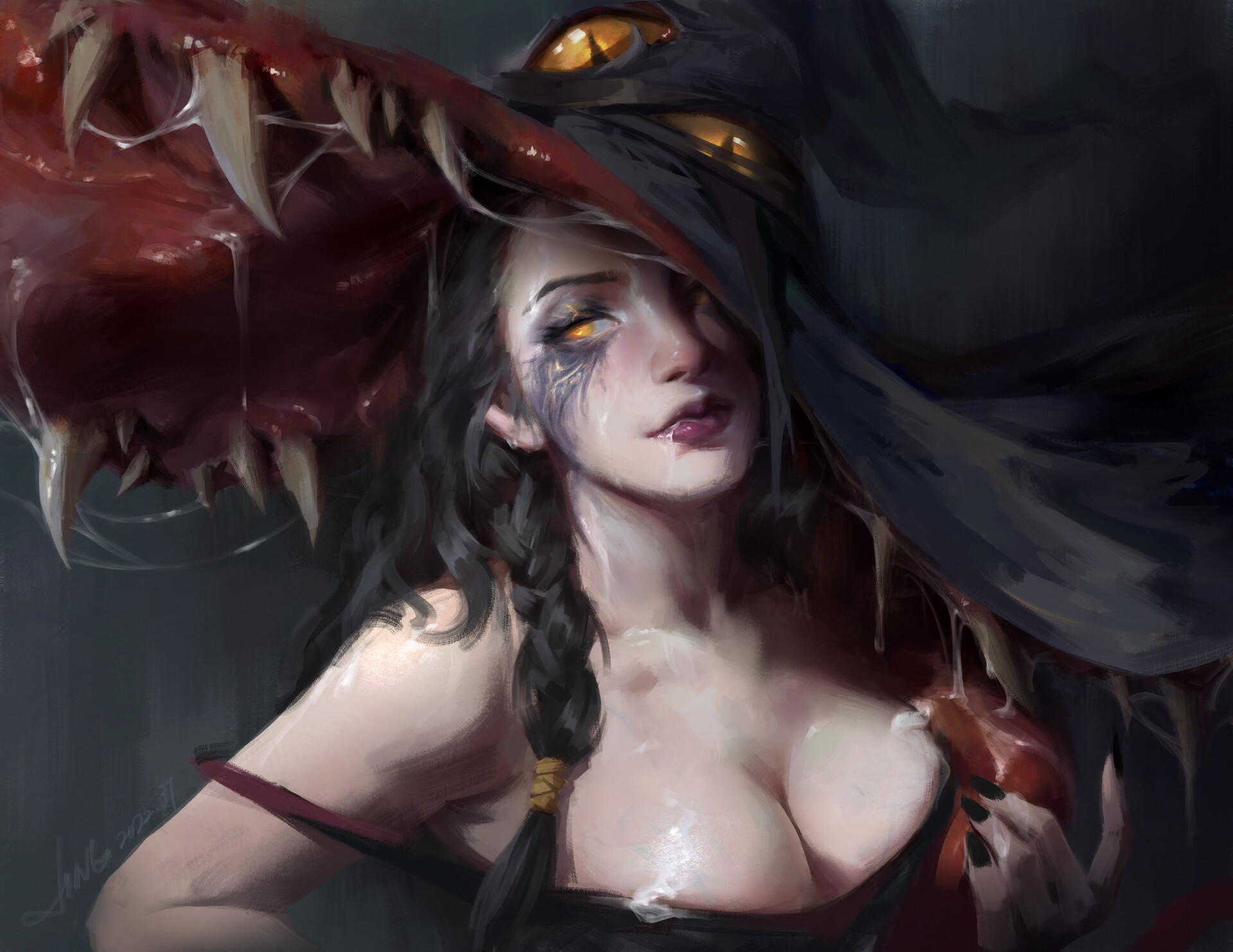 General 1920x1483 women fantasy girl witch fantasy art witch hat yellow eyes lipstick hat women with hats cleavage boobs black hair long hair face black nails painted nails watermarked 2022 (year) Jingyu Wen digital art
