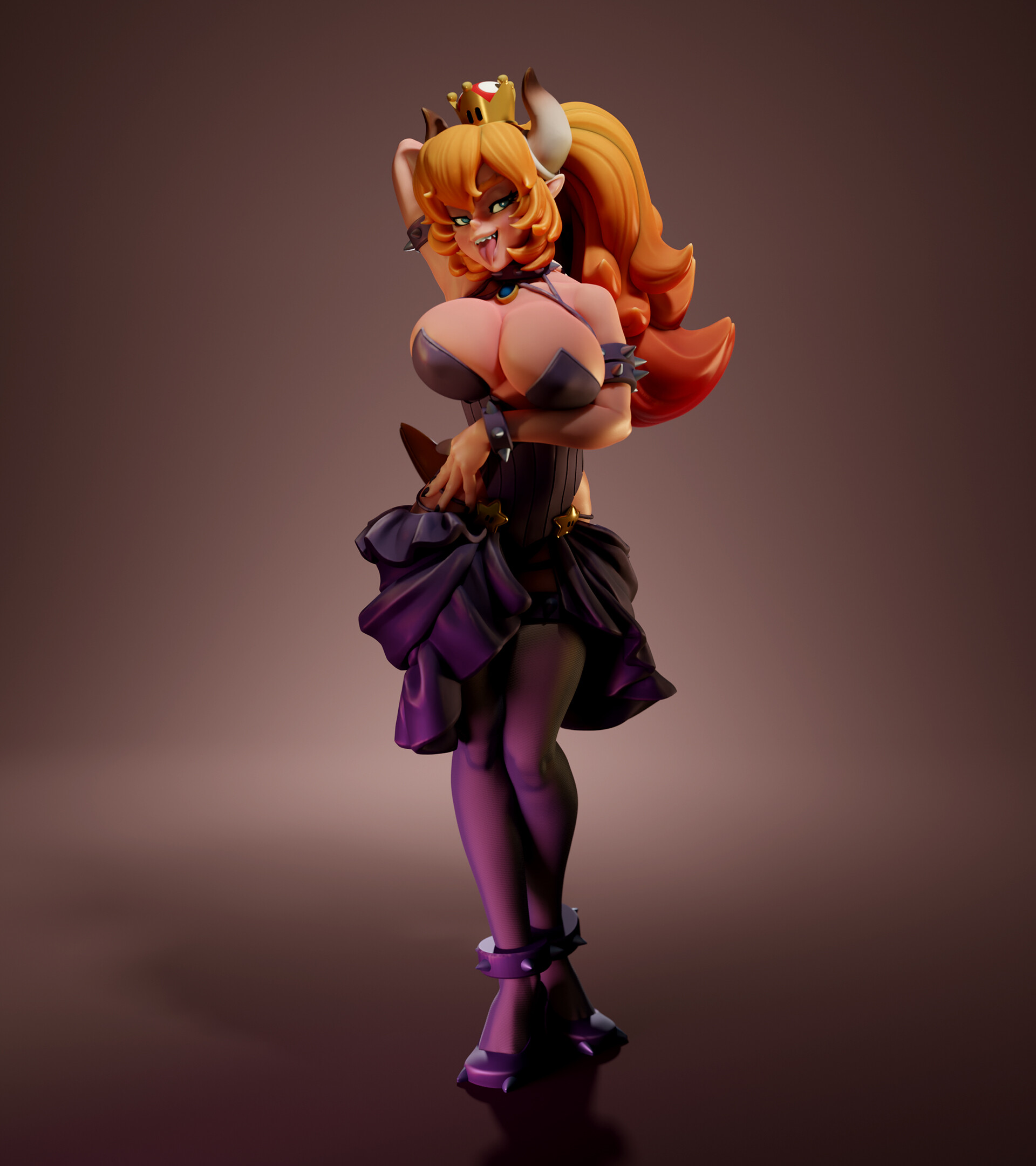 General 1920x2160 Bowsette video games video game characters fan art video game girls boobs big boobs huge breasts horns redhead digital art simple background tongues tongue out Monster tongue