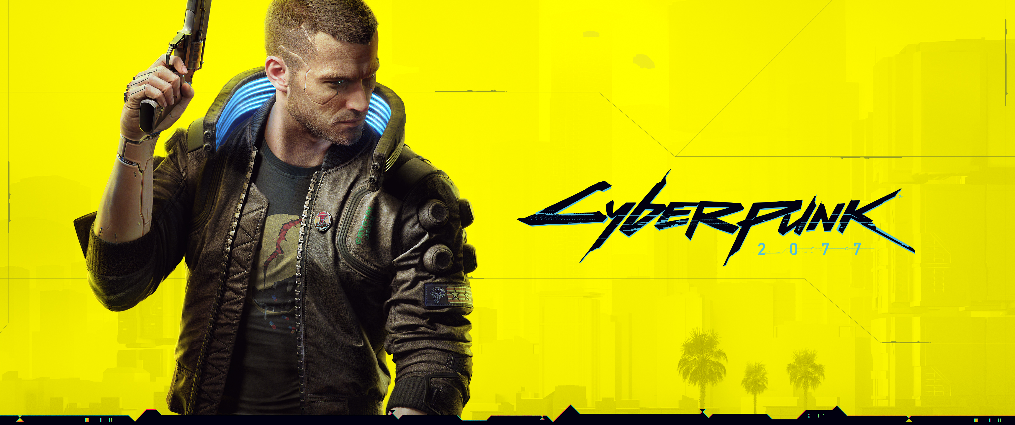 General 3440x1440 Cyberpunk 2077 game posters yellow background simple background weapon video games PC gaming