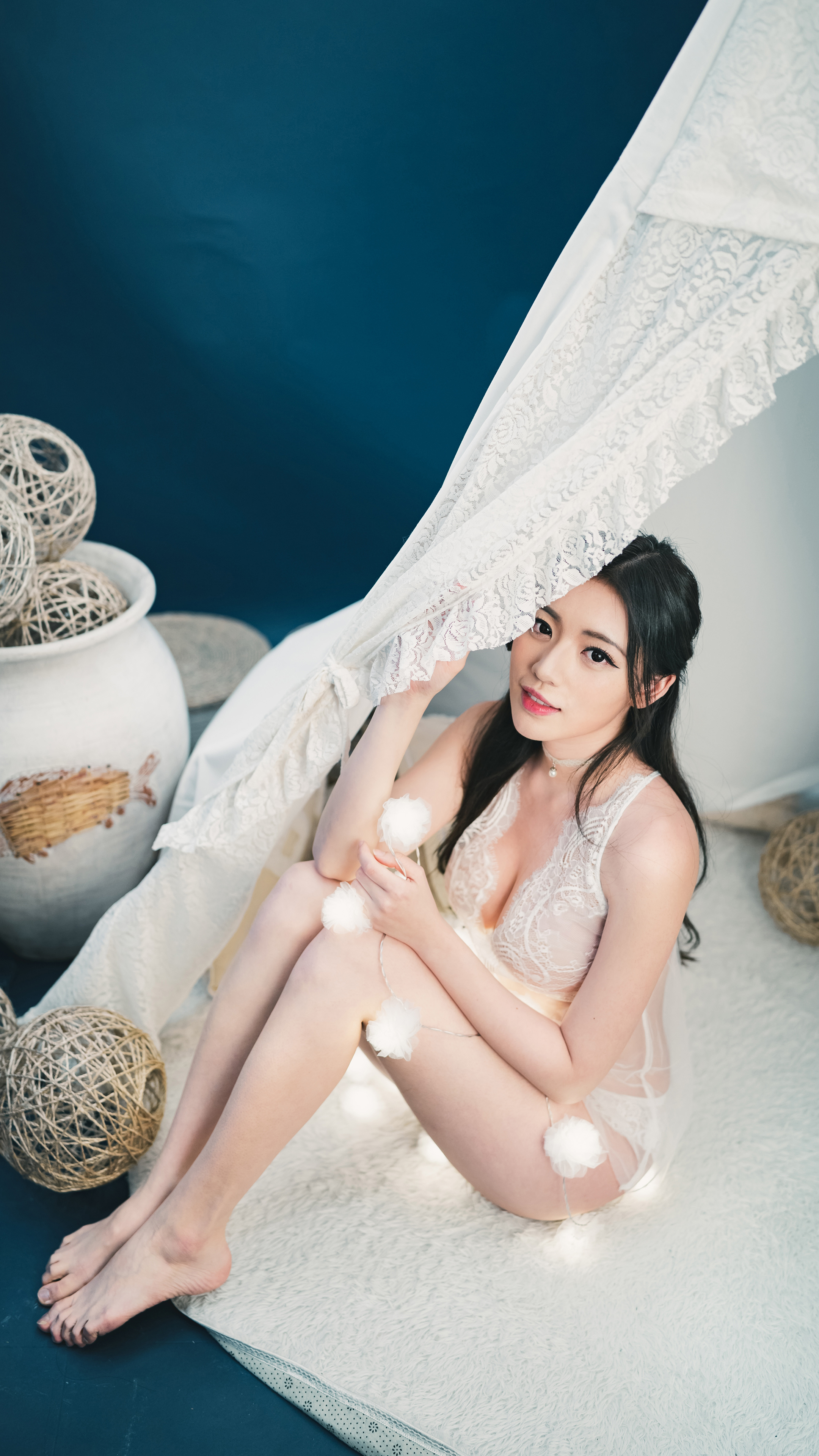 People 2160x3840 Kiki Hsieh women Asian model brunette lace teddy cleavage high angle barefoot looking at viewer women indoors portrait display