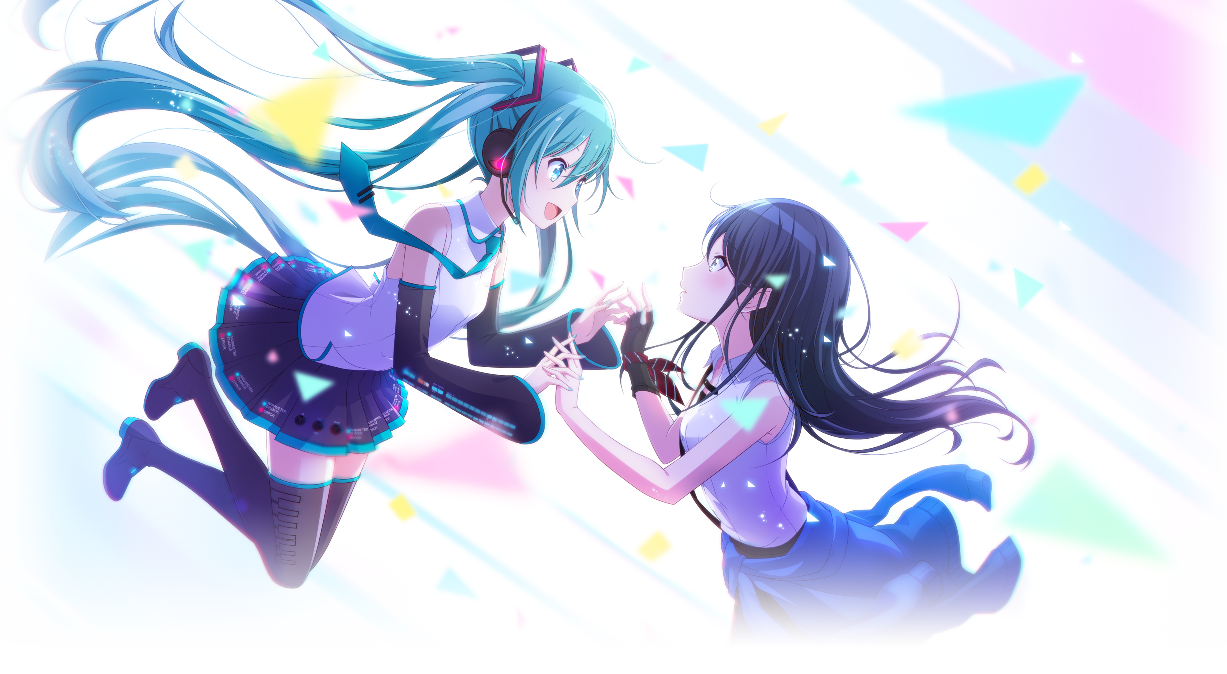 Anime 4000x2200 Hatsune Miku anime girls blue hair twintails holding hands black hair Vocaloid