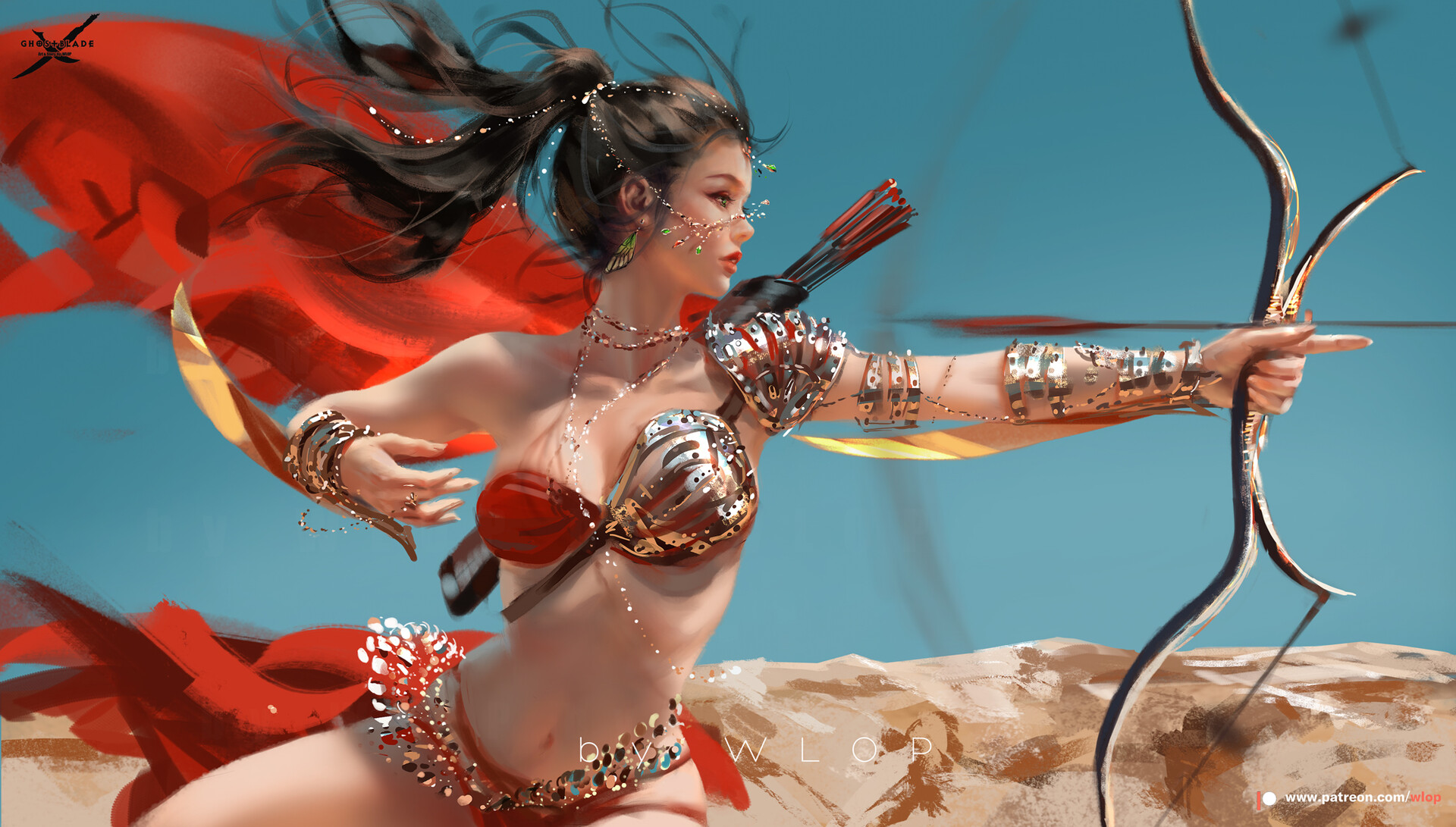 General 1920x1091 WLOP digital art digital painting artwork red clothing women archer arrows bikini armor bow ponytail Ghostblade Fengye