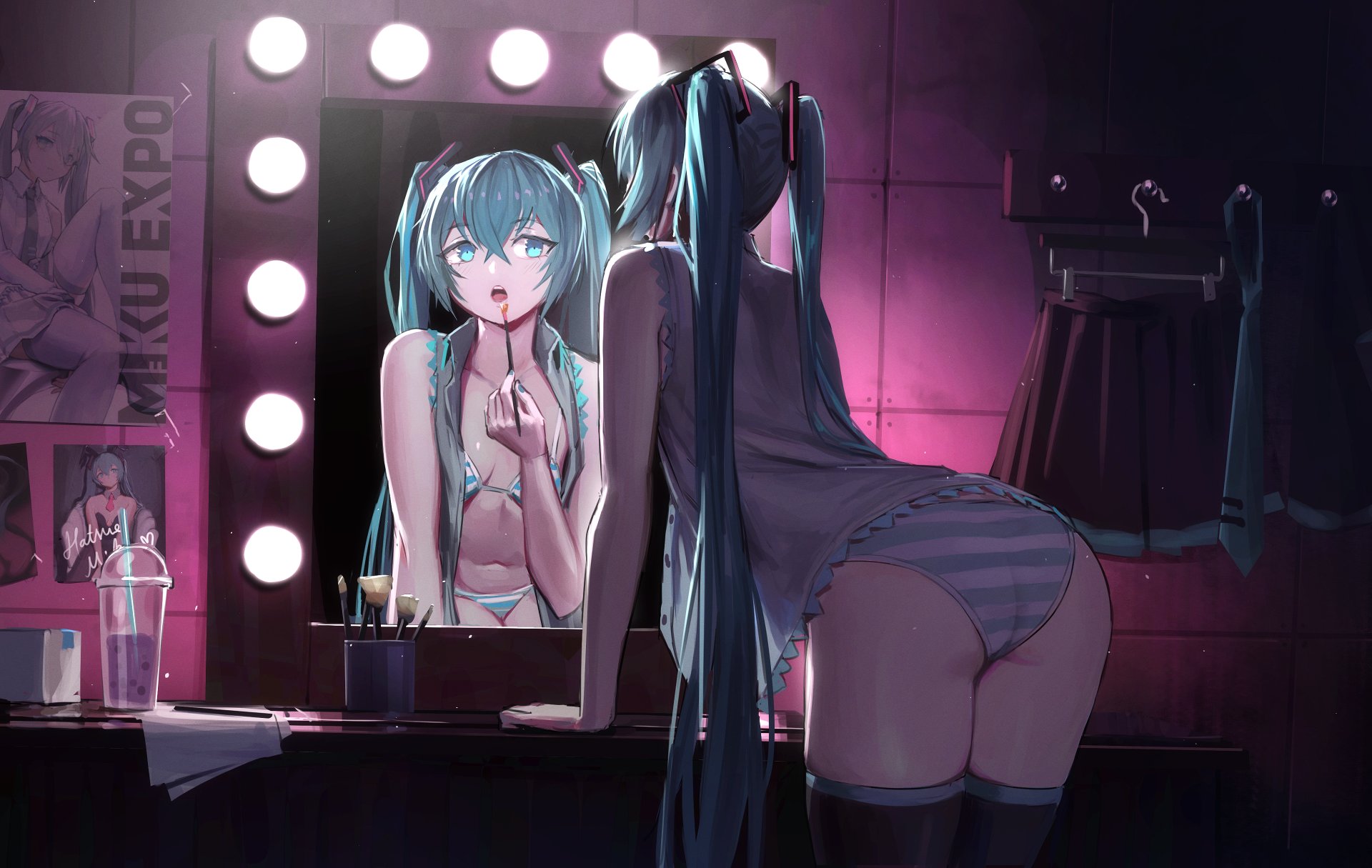 Anime 1920x1215 Hatsune Miku Look in the mirror panties artwork Vertigris Vocaloid bra underwear thigh-highs blue hair blue eyes anime girls