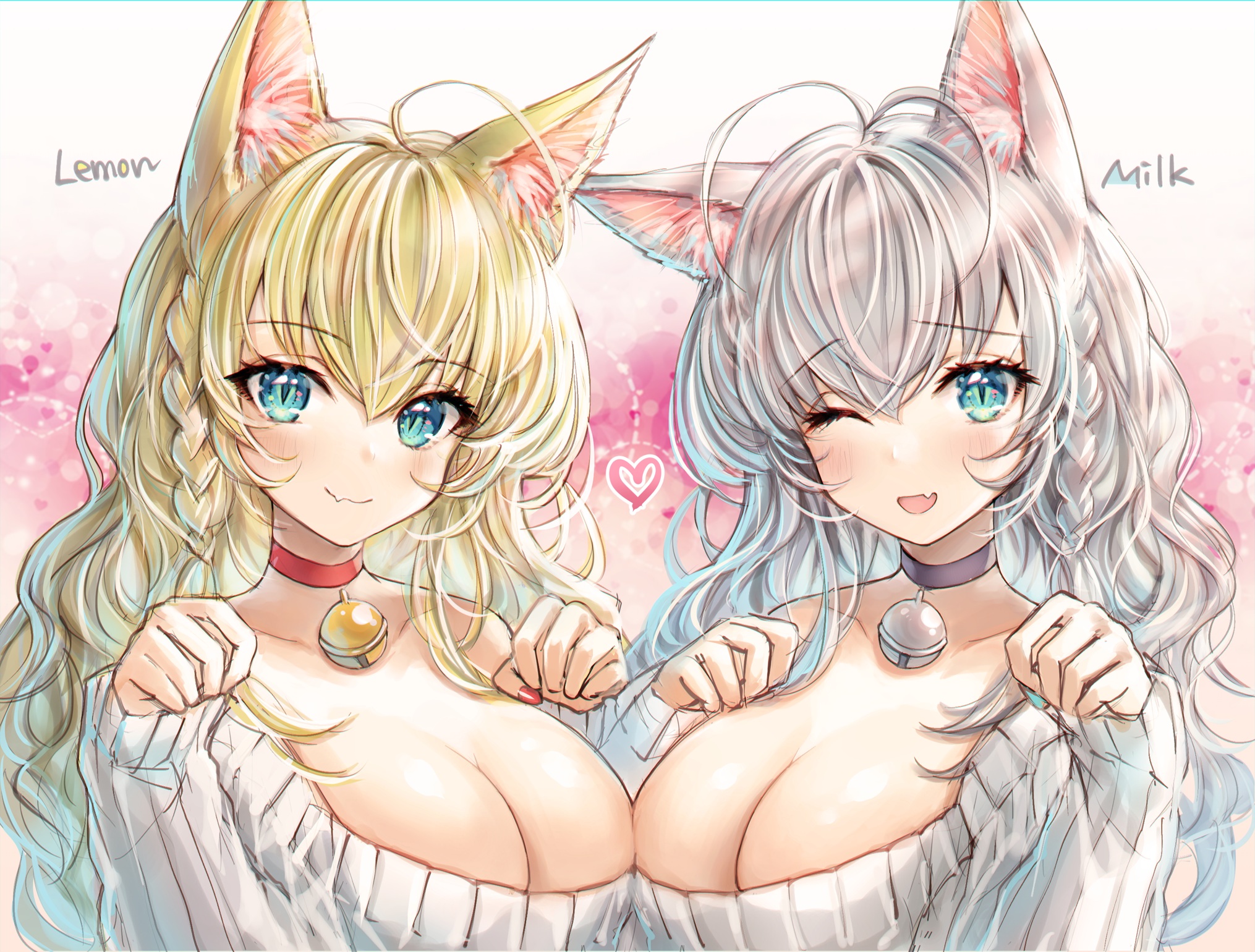Anime 2030x1540 anime girls two women boobs cat girl blue eyes animal ears blonde silver hair sweater cleavage artwork Shannon
