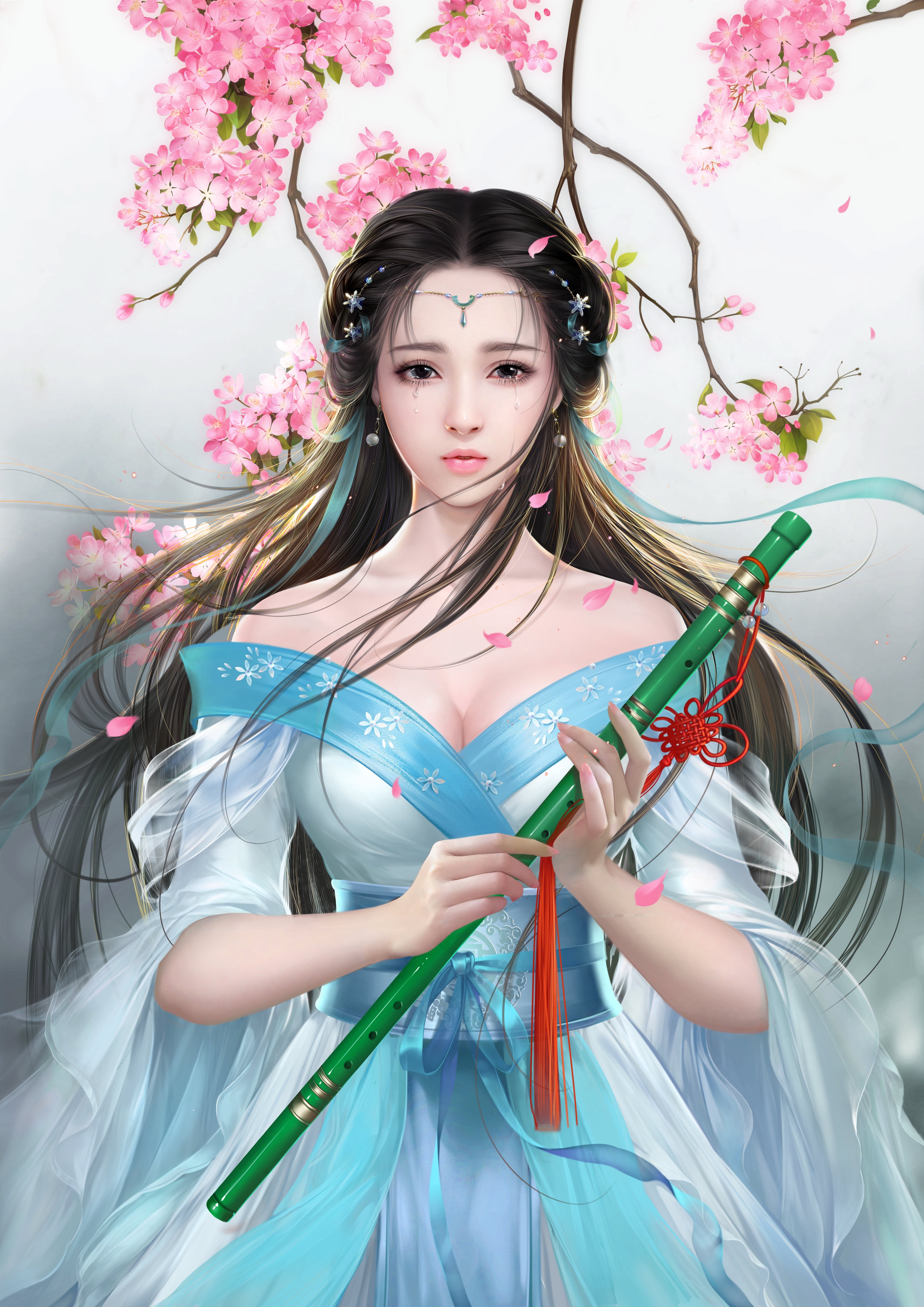 Anime 3976x5622 ancient fantasy girl artwork flute pink flowers dress cyan clothing brunette drawing tears
