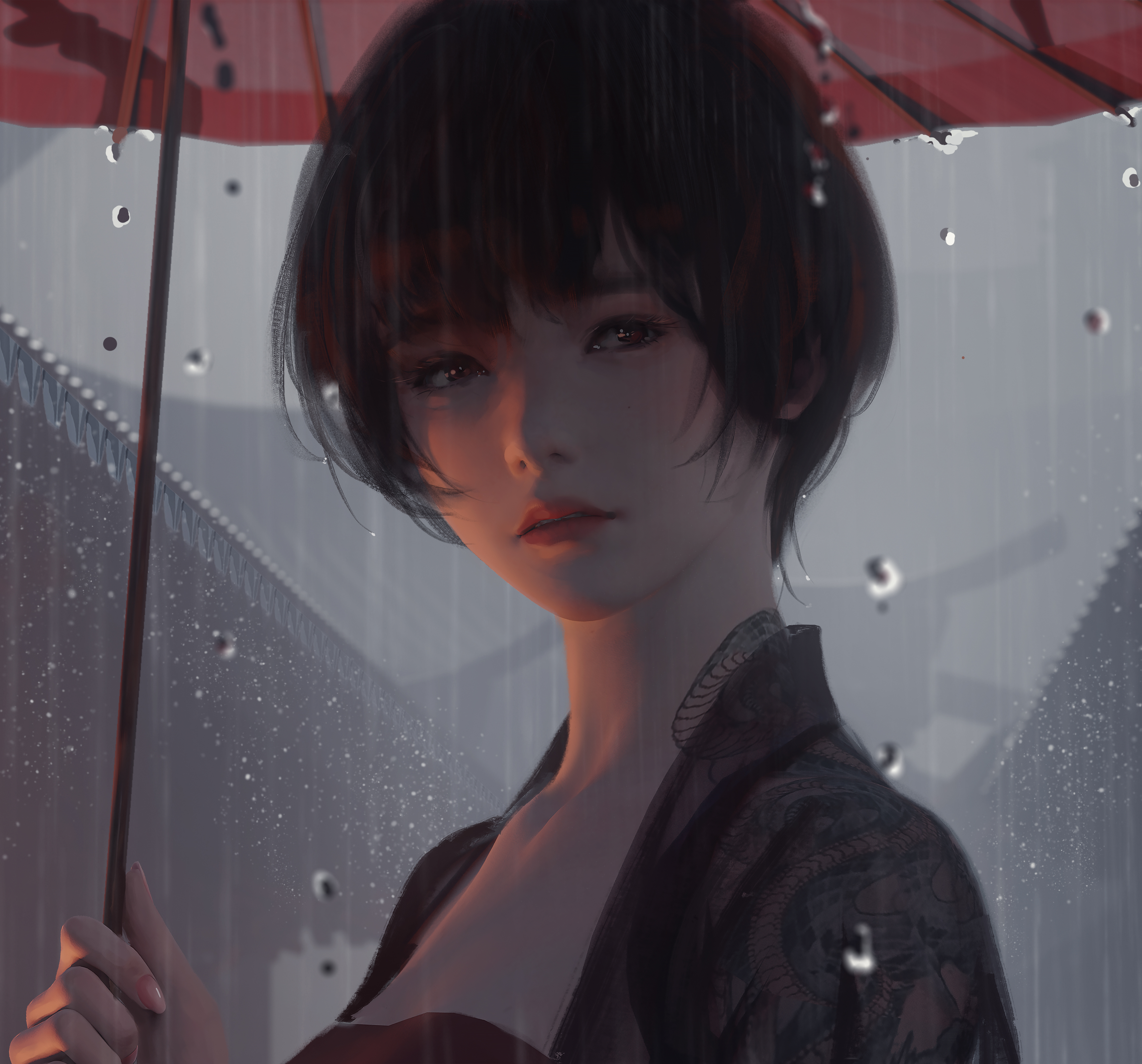 Anime 4463x4160 video game characters rain umbrella artwork anime girls video game art Ghostblade WLOP
