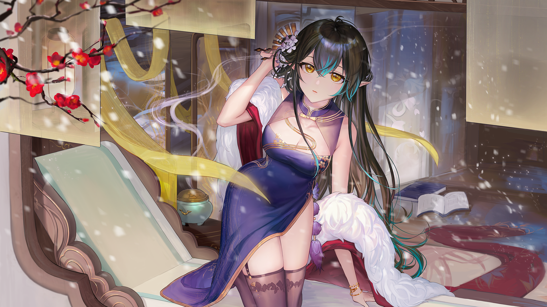 Anime 1920x1080 Chinese knot big boobs video game characters anime girls pointy ears dress stockings multi-colored hair looking at viewer yellow eyes Aura star