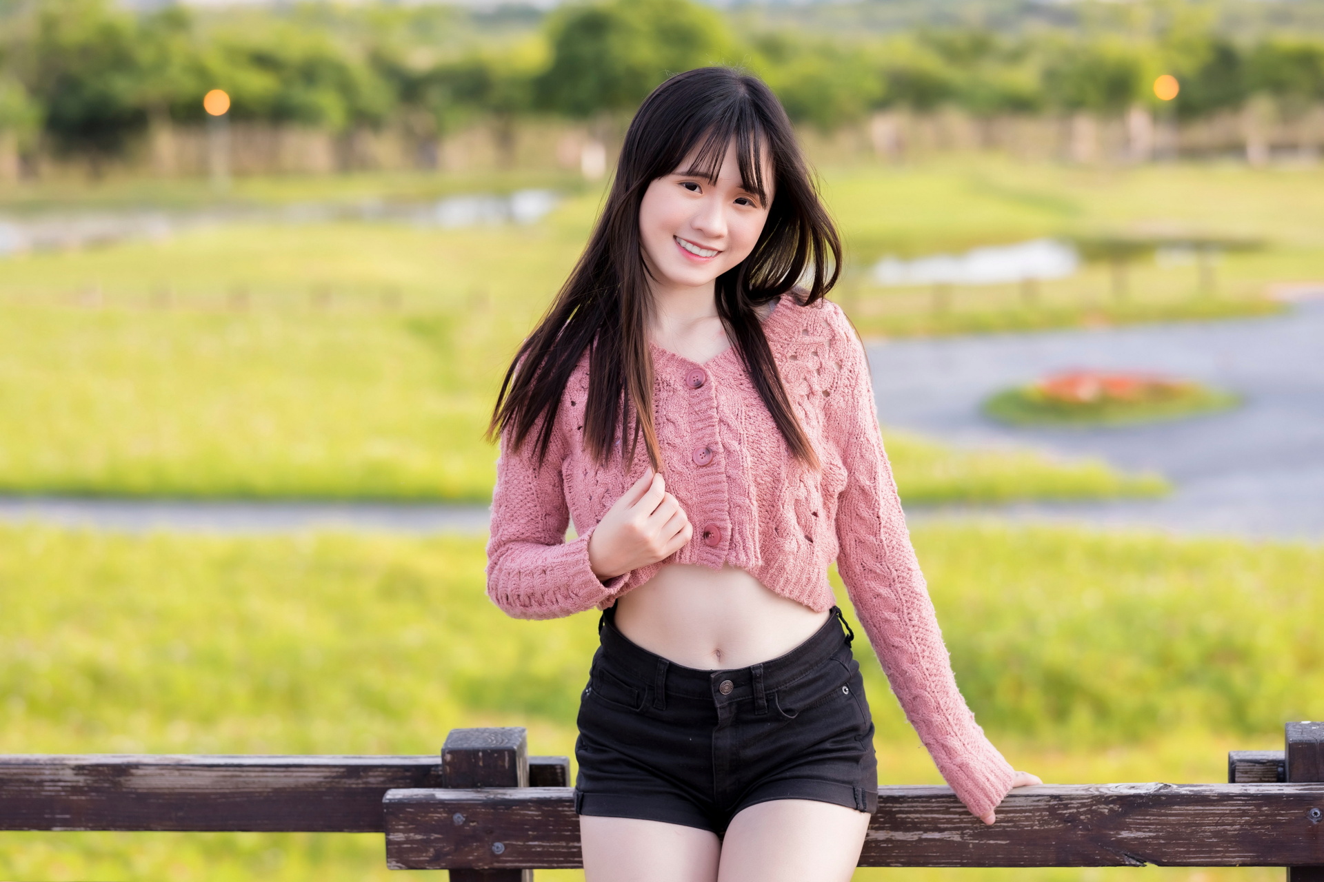 People 1920x1280 Asian model women long hair dark hair fence leaning black shorts pink pullover