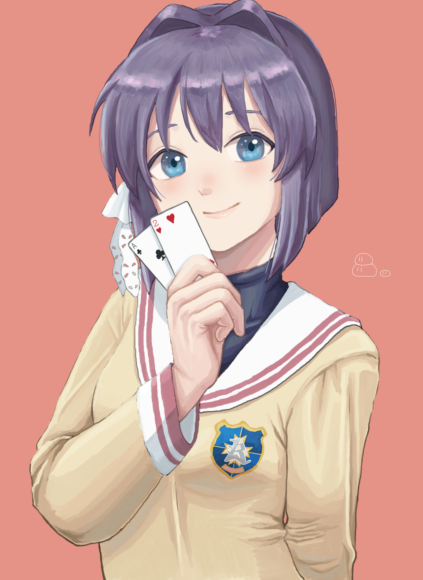 Anime 1400x1920 Fujibayashi Ryou Clannad purple hair anime anime girls artwork digital art fan art shoulder length hair simple background smiling playing cards looking at viewer