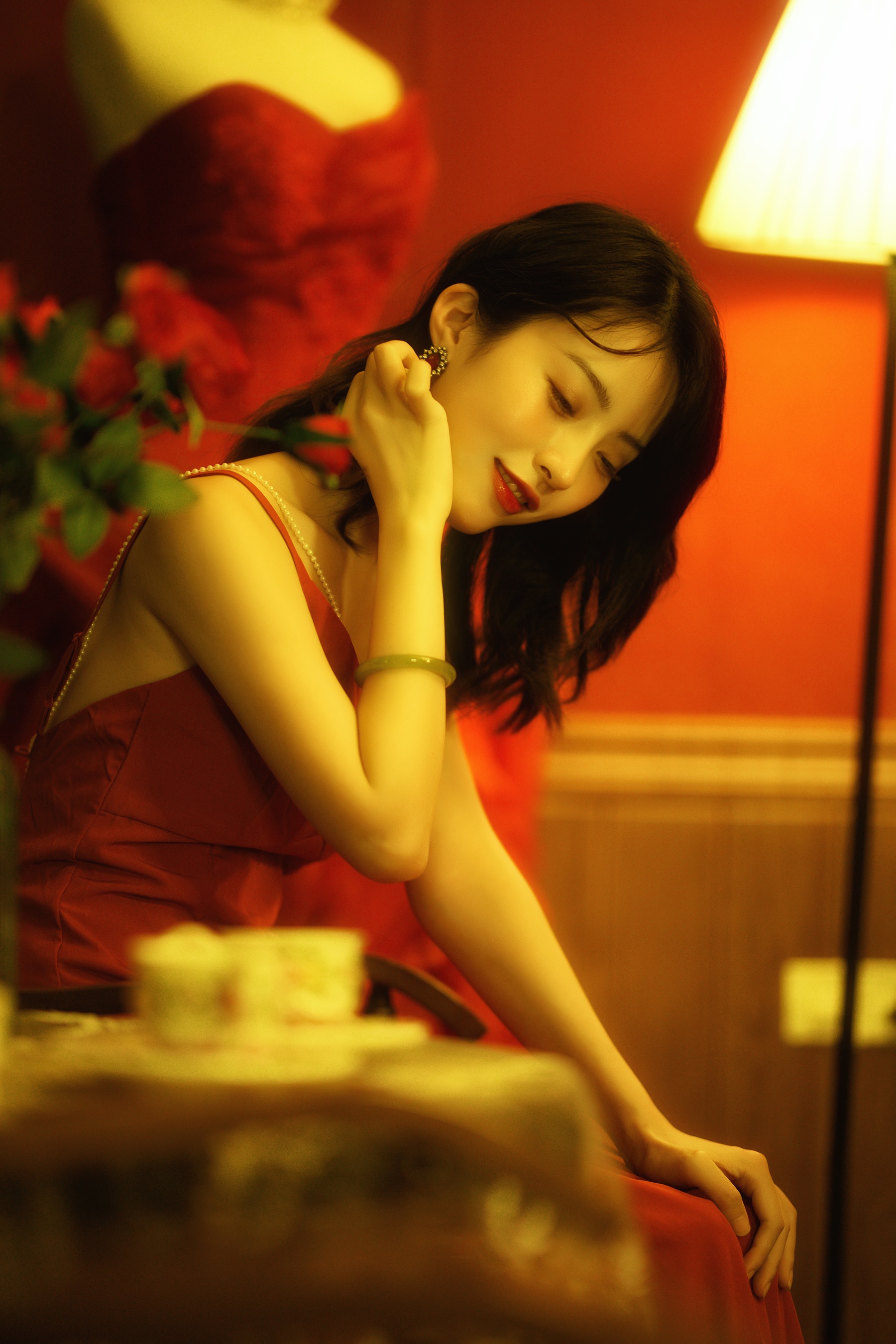 People 1800x2700 women Asian Chinese model dark hair red dress women indoors flowers rose smiling