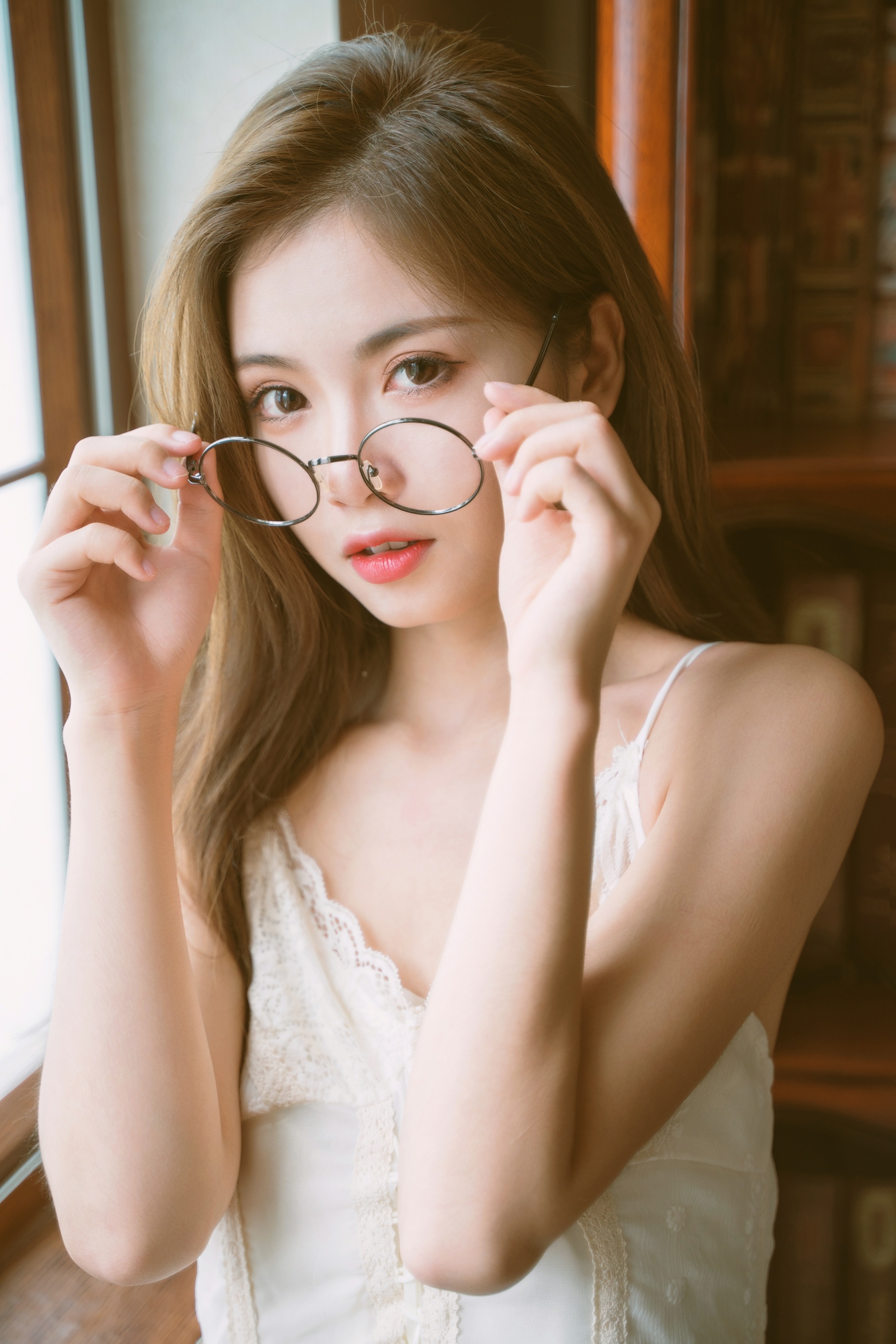 People 1800x2700 women model Asian Chinese model brunette women indoors women with glasses looking at viewer glasses white clothing long hair