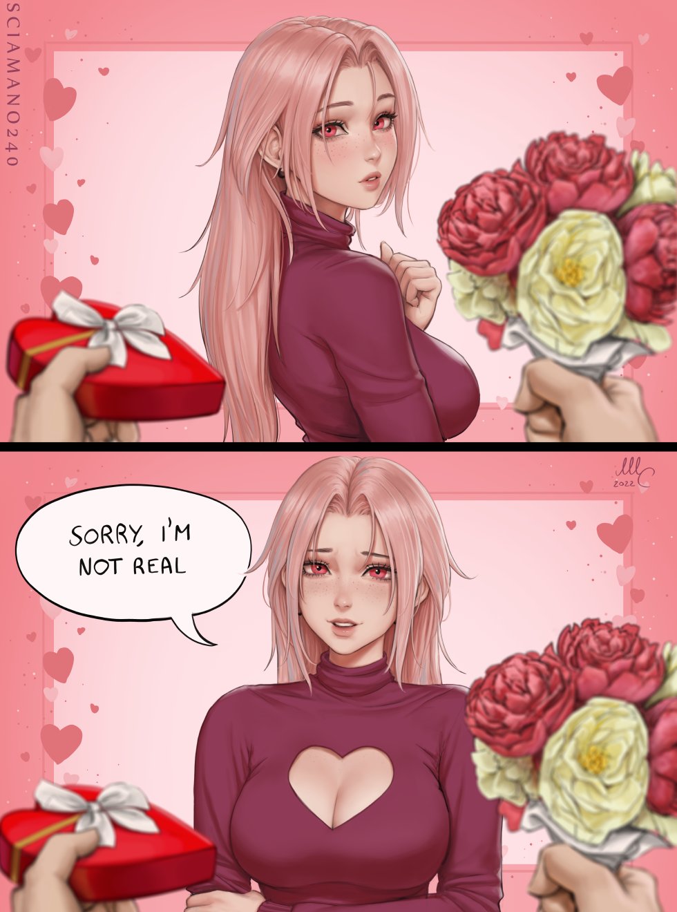 Anime 980x1320 Mirco Cabbia women pink hair long hair blushing red eyes looking at viewer flowers heart (design) cleavage cleavage cutout Chloe (Sciamano240) speech bubble
