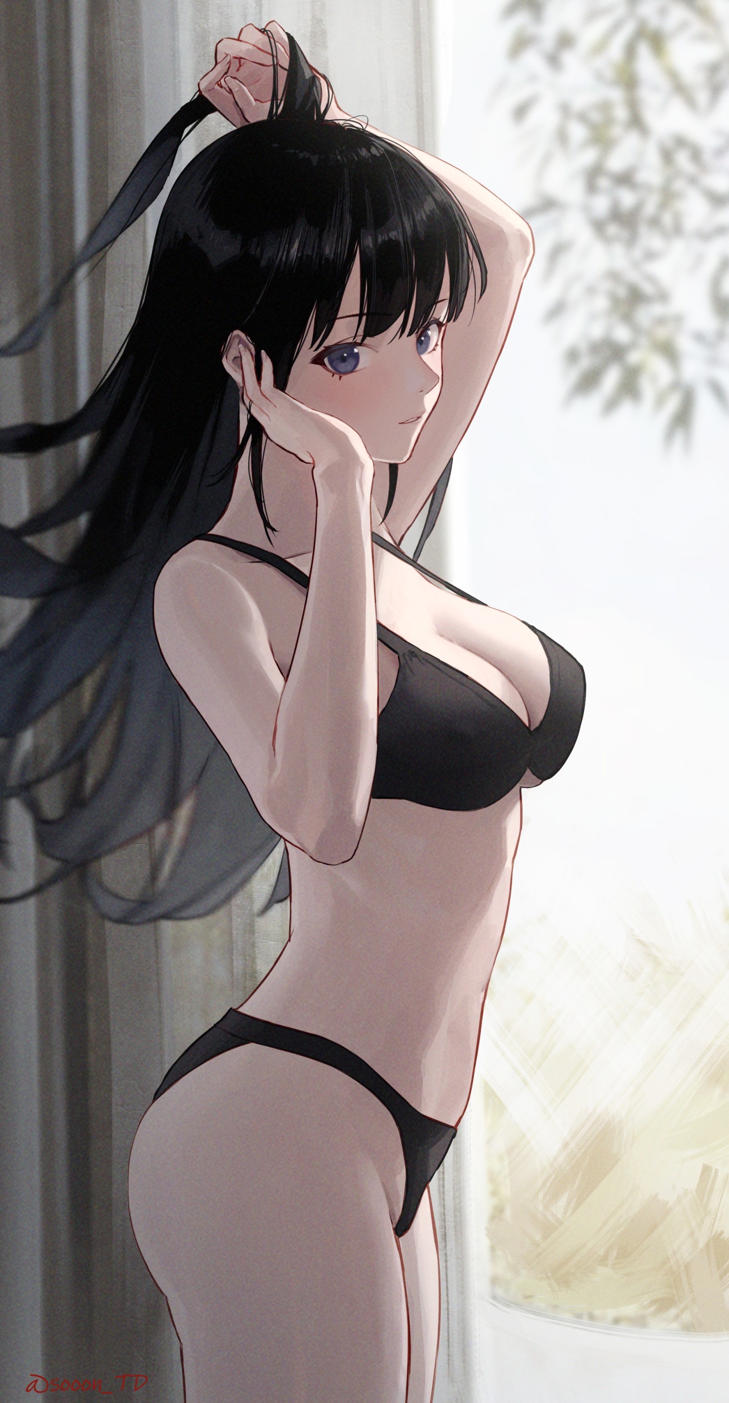 Anime 1476x2839 anime anime girls black bras bra black hair wet body cleavage underwear long hair portrait display looking at viewer big boobs signature