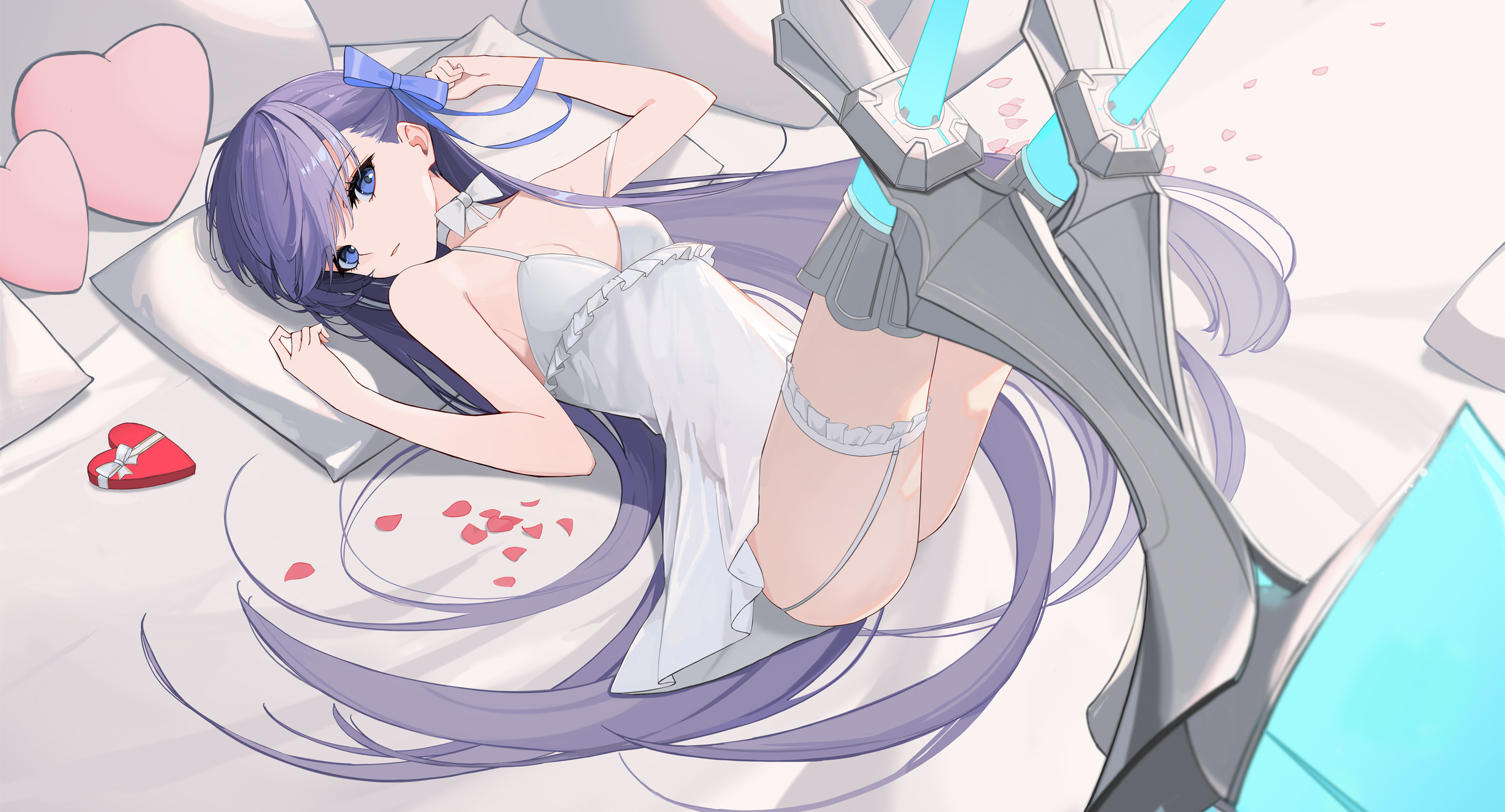 Anime 2725x1471 anime anime girls heart (design) purple hair long hair slim body nightgown looking at viewer pillow lying on back blue eyes Valentine's Day Meltlilith Fate/Grand Order Fate series Rella2930 artwork