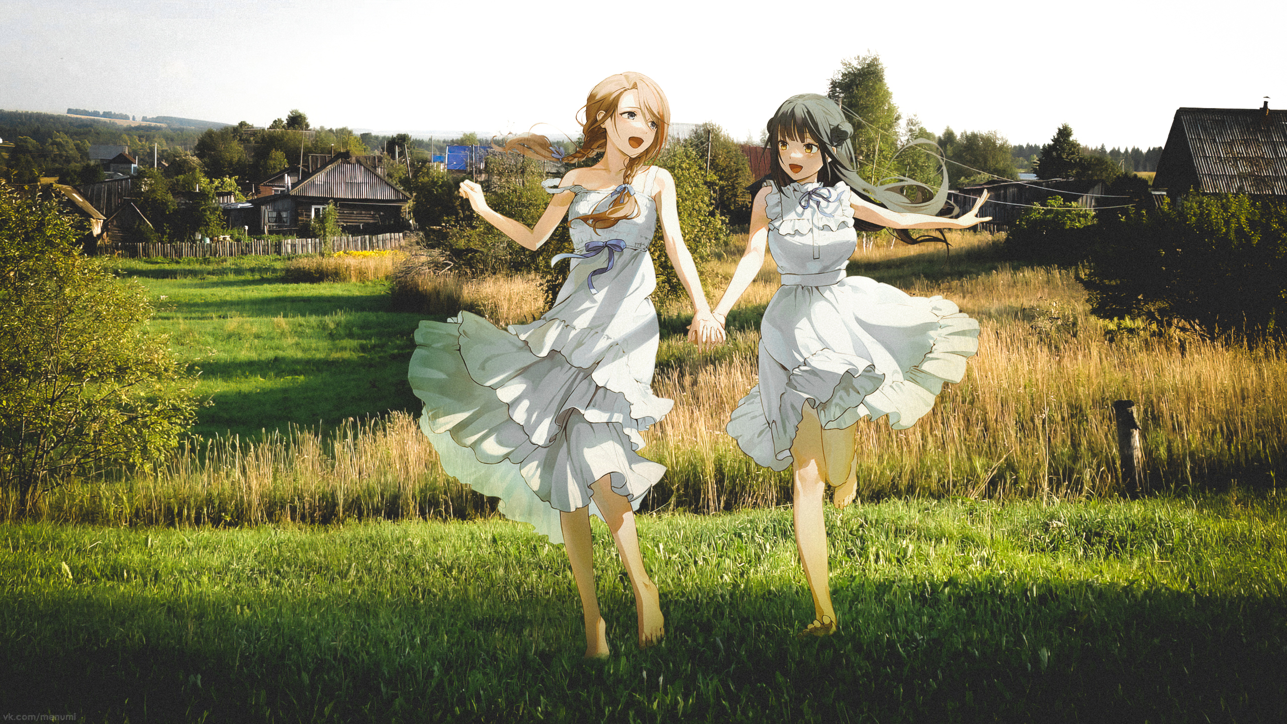 Anime 2560x1440 collage anime girls village 2D two women white dress open mouth holding hands barefoot grass women outdoors artwork animeirl dress
