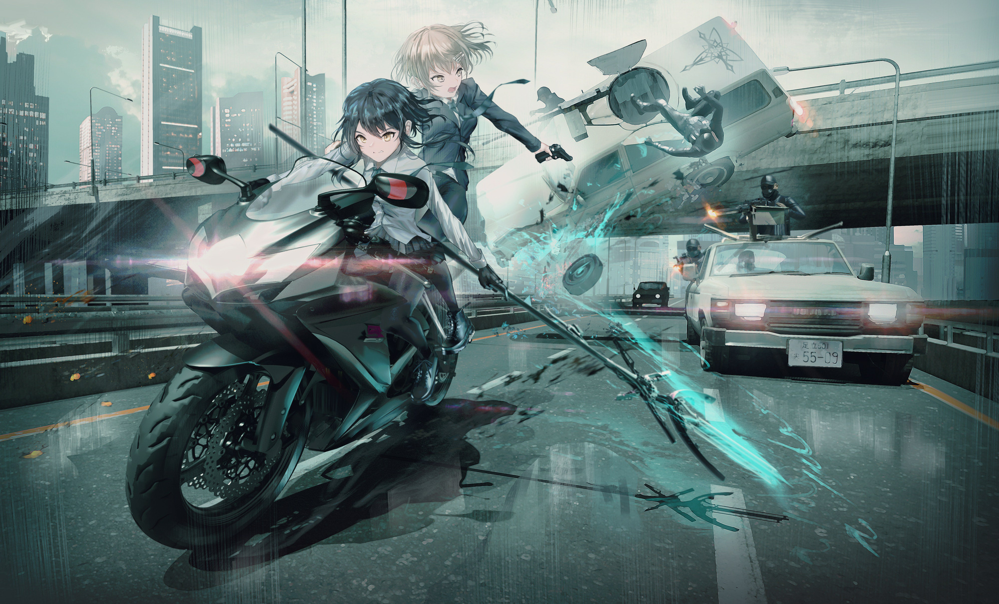 Anime 2000x1210 anime anime girls SWAV artwork road motorcycle car Suzuki
