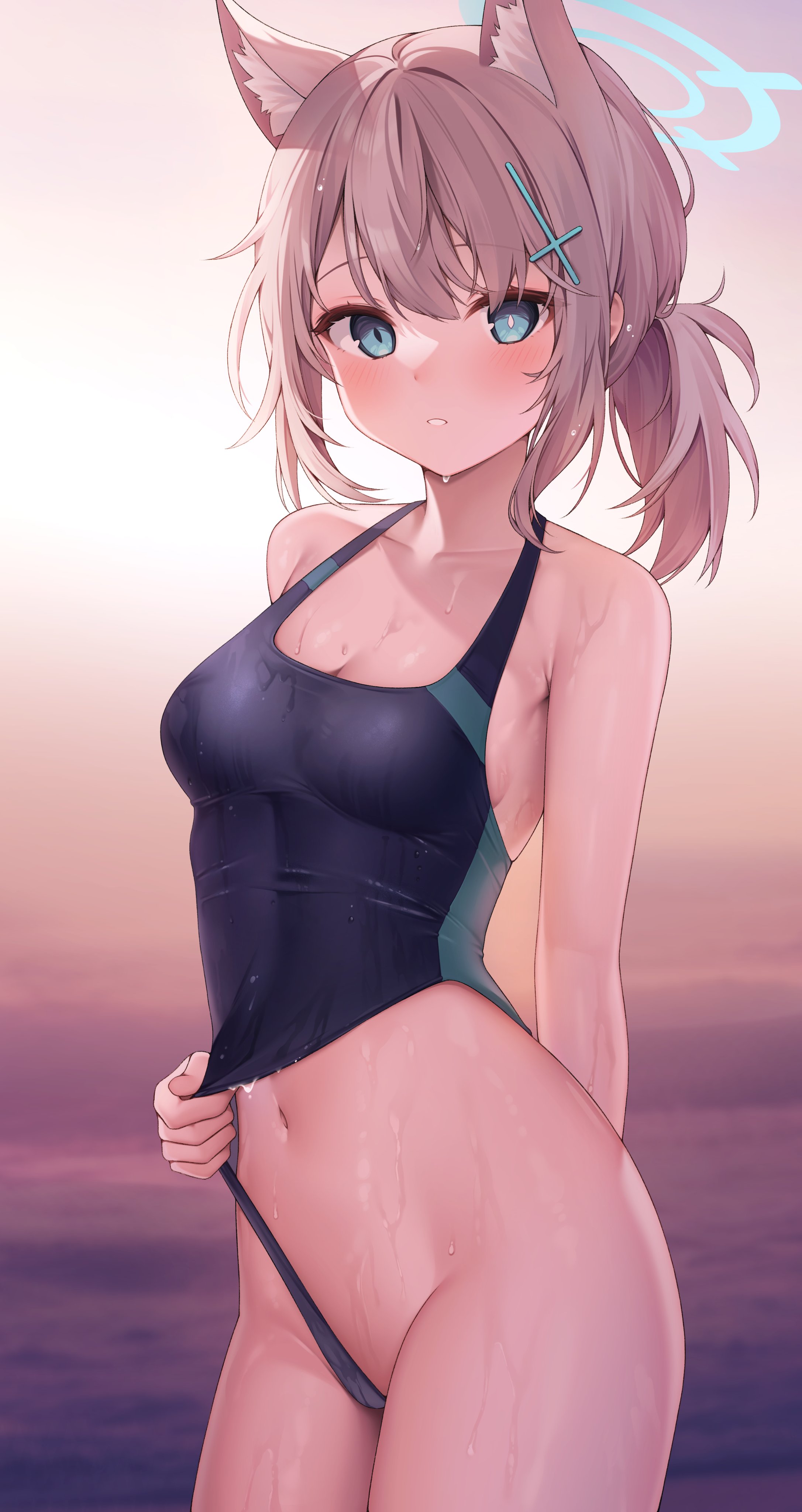 Anime 2173x4096 anime anime girls one-piece swimsuit boobs pulling clothing wet belly thighs blushing blue eyes brunette animal ears Shiroko (Blue Archive) Blue Archive artwork Reel