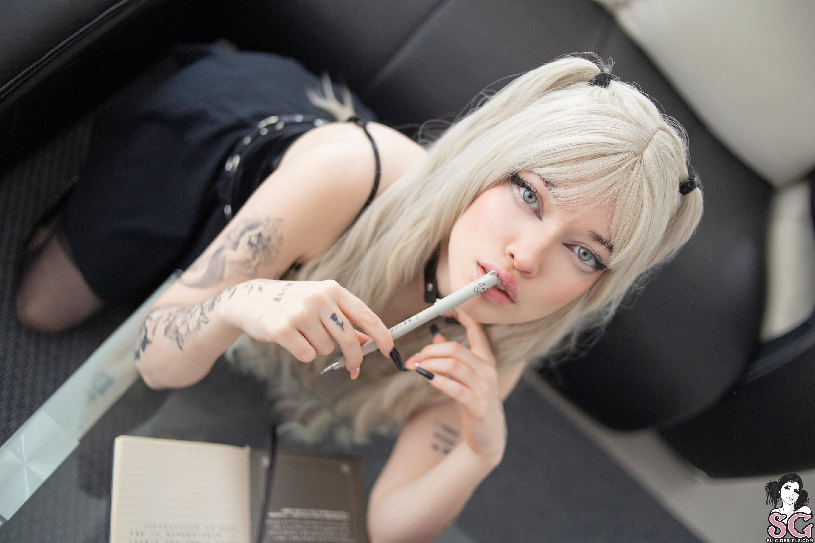 People 2736x1824 Narumi Suicide blonde women model Suicide Girls face looking at viewer tattoo women indoors blue eyes black nails bokeh pencils twintails