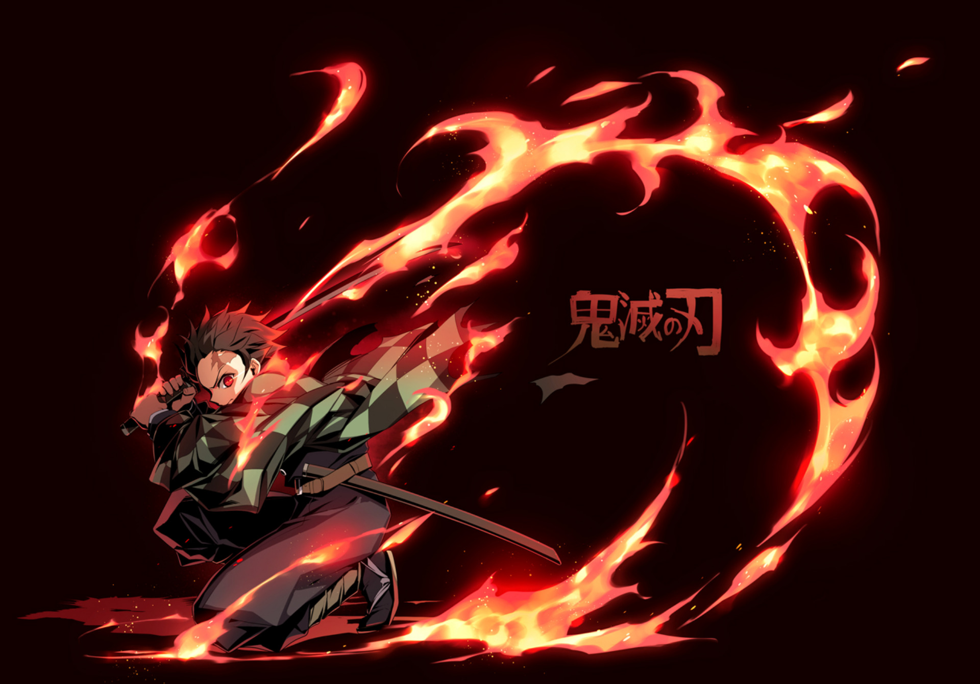 Anime 1920x1341 anime boys anime sword fire Kimetsu no Yaiba Kamado Tanjiro black background