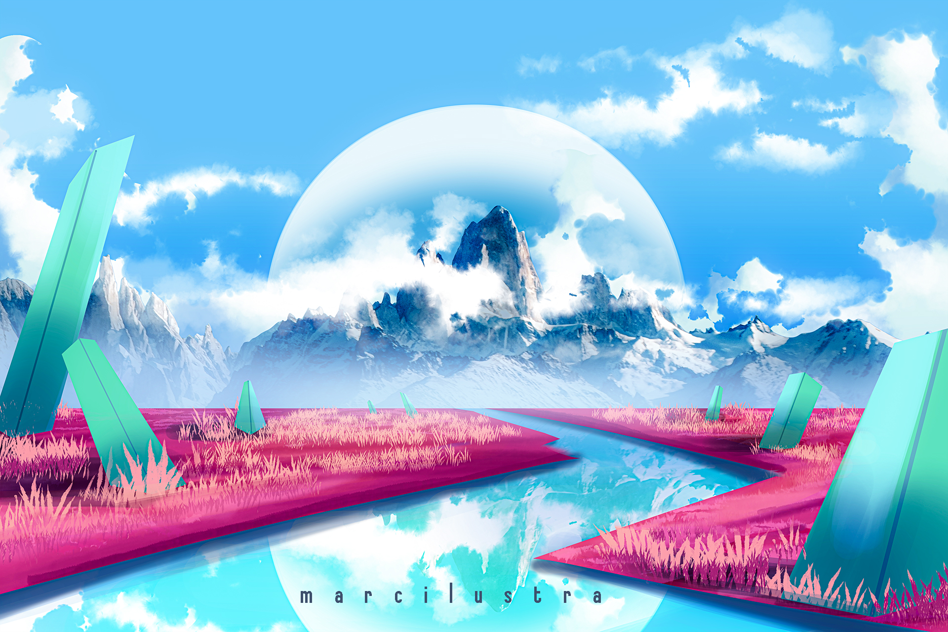 General 1920x1280 Moon grass crystal  river mountains science fiction clouds mist No Man's Sky digital art watermarked