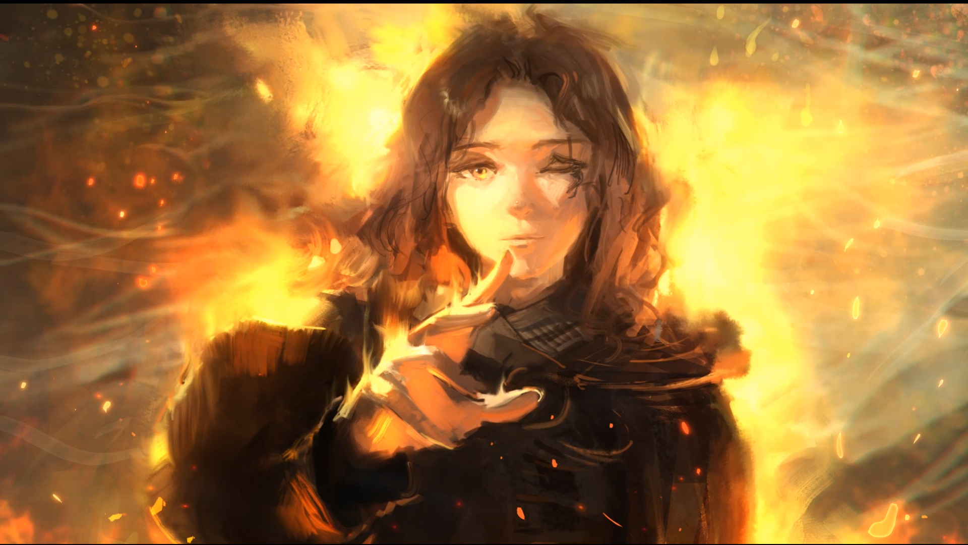 General 1920x1080 fire Elden Ring closed eyes Melina (Elden Ring) frontal view