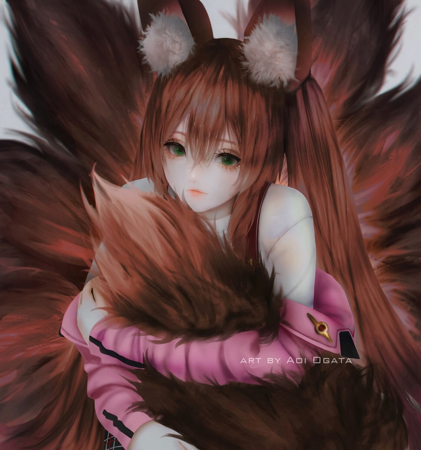 General 1392x1488 drawing simple background original characters women fox girl animal ears tail brunette green eyes Aoi Ogata