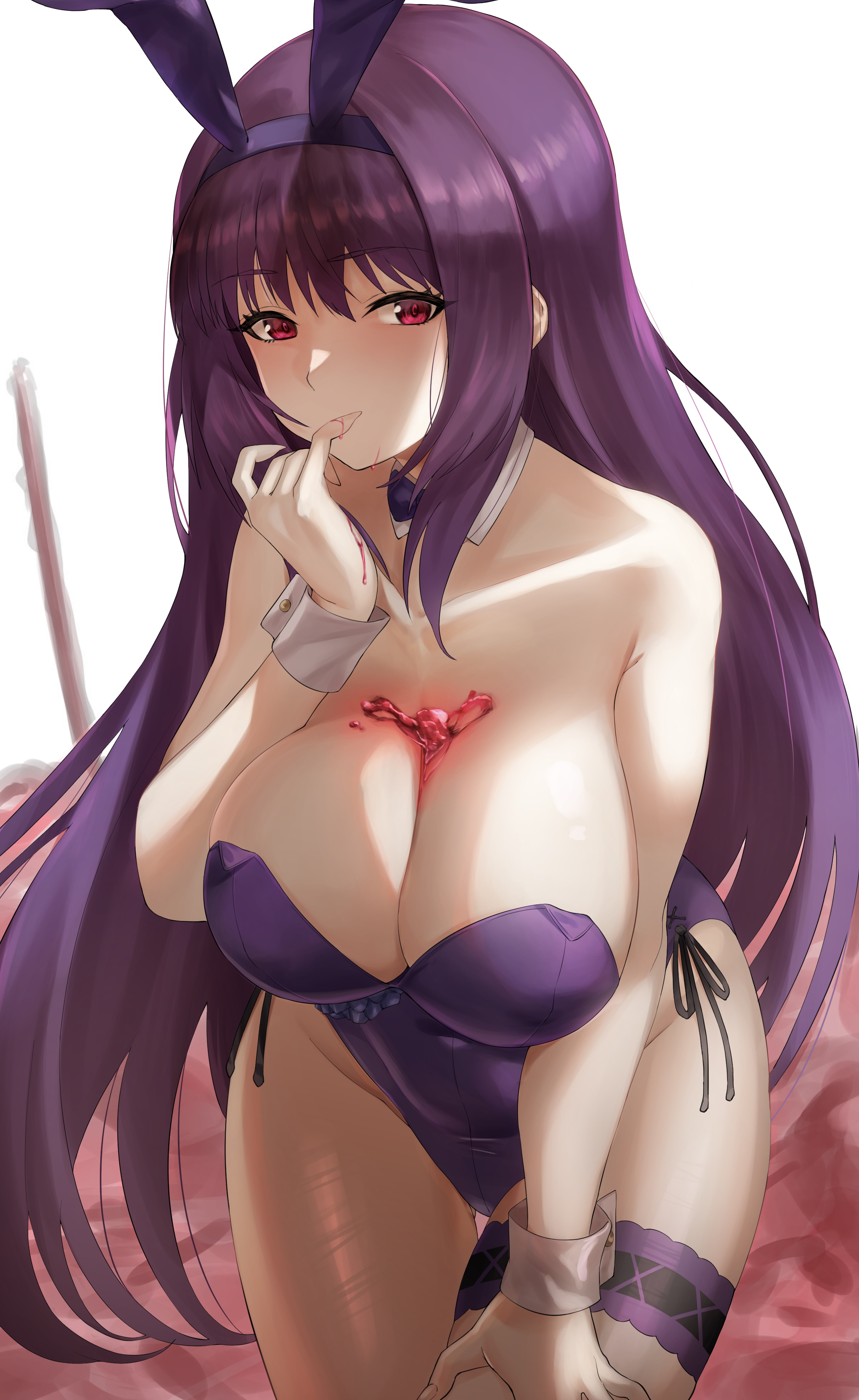 Anime 2426x3954 anime girls Fate series Fate/Grand Order Scathach Hotate-chan bunny ears big boobs cleavage bunny suit pantyhose purple hair red eyes