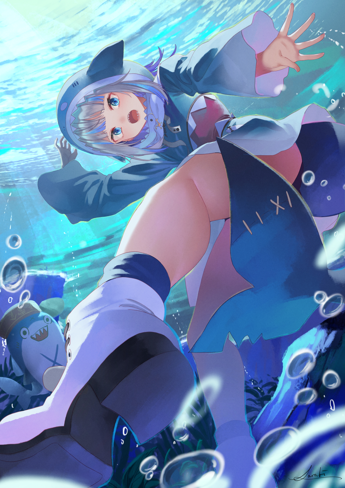 Anime 1202x1700 anime anime girls digital art artwork 2D portrait display legs blue eyes underwater open mouth Hololive Gawr Gura Saraki