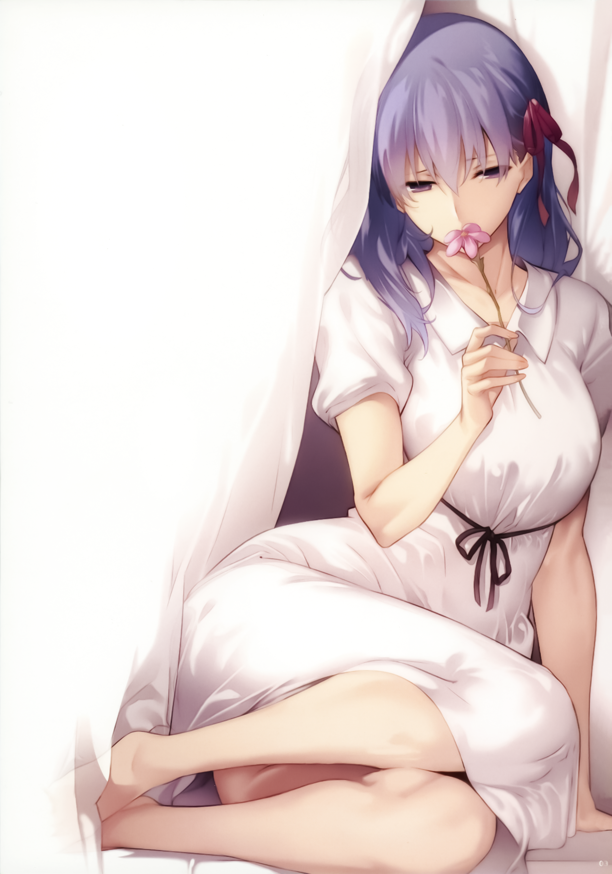 Anime 2103x3000 fate/stay night: heaven's feel Fate series Fate/Stay Night white dress JK long hair purple hair red ribbon thighs glutes big boobs short sleeves 2D portrait display anime girls the gap barefoot legs together pink flowers thick ass anime Matou Sakura women indoors curtains looking at viewer purple eyes doujinshi bangs hair in face fan art fingernails Nanao (artist) wide hips curvy