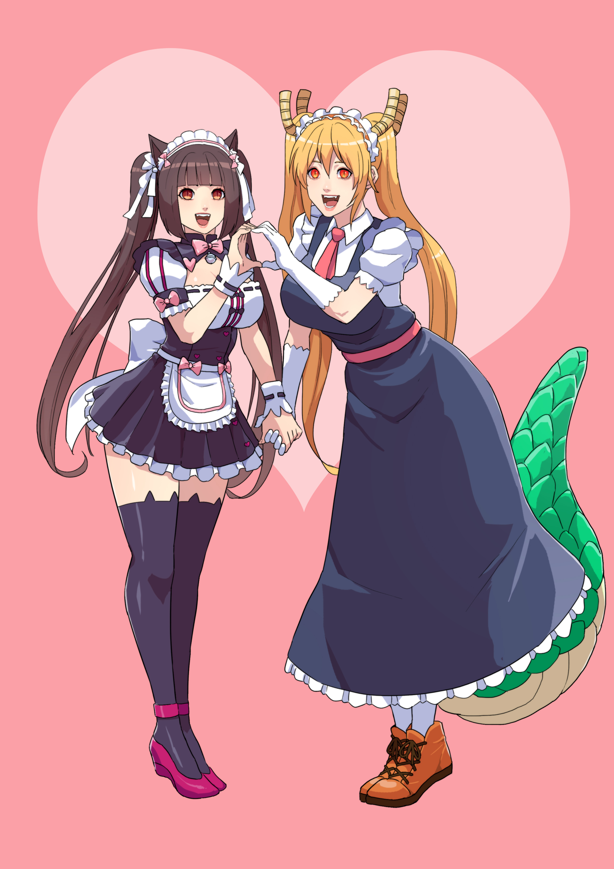 Anime 2480x3508 Kobayashi-san Chi no Maid Dragon horns big boobs Nekopara crossover cleavage cat girl dragon girl monster girl twintails no bra black stockings maid outfit open mouth heart hands thighs arms up long hair brunette hair in face wide hips thick thigh bangs anime girls Tohru (Kobayashi-san Chi no Maid Dragon) orange eyes 2D anime curvy Chocolat (Neko Para) blonde