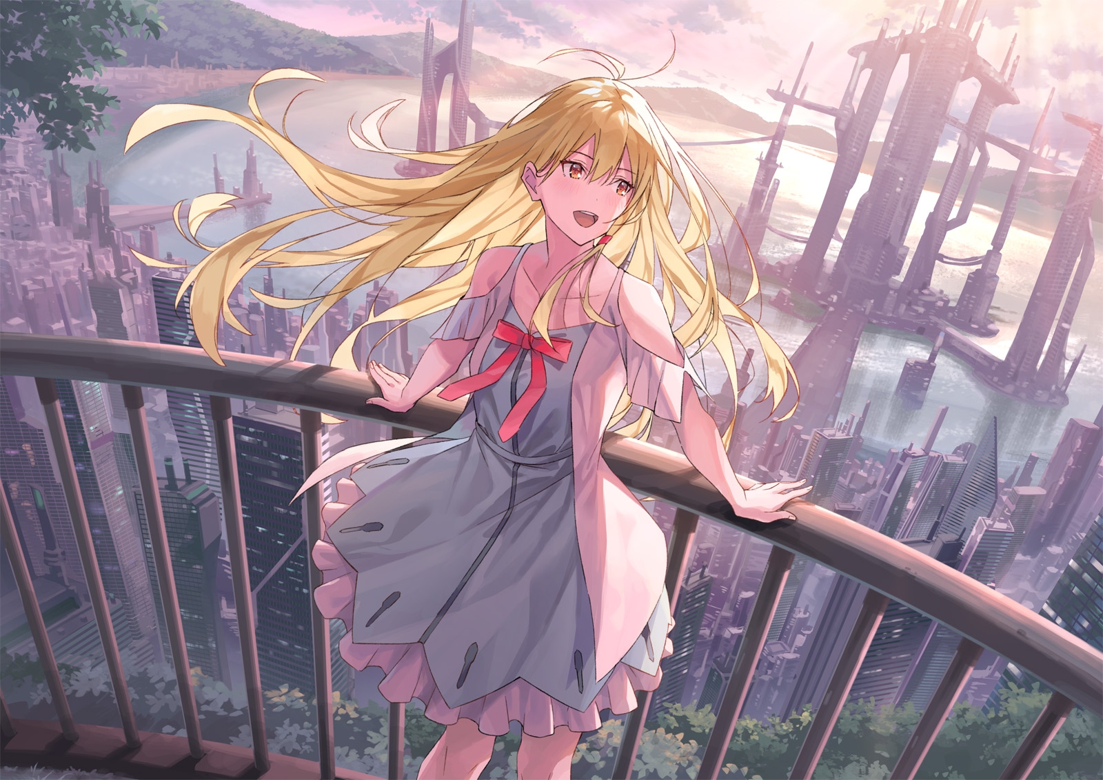 Anime 1600x1131 anime anime girls original characters Koh RD landscape cityscape dress blonde brown eyes