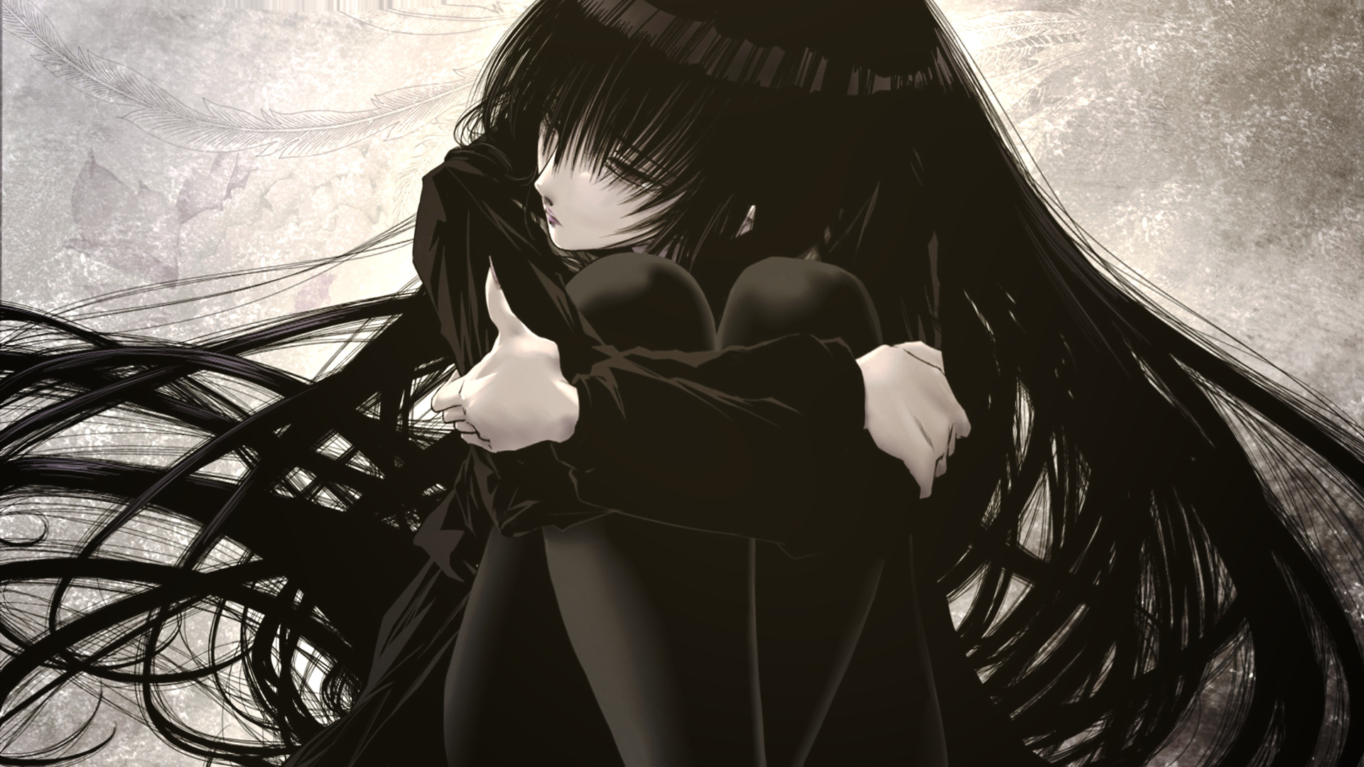 Anime 1920x1080 anime girls black hair black eyes holding knees anime gothic goths