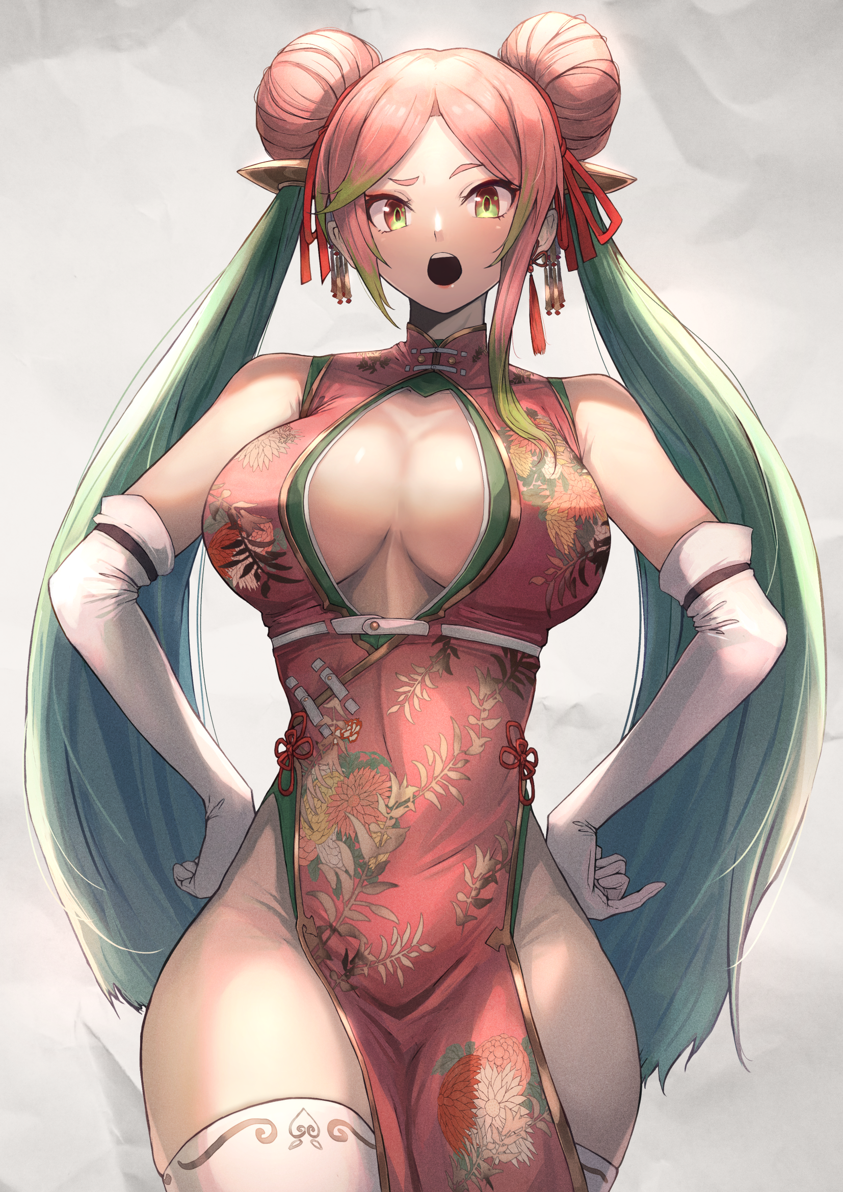 Anime 1654x2339 anime anime girls digital art artwork 2D portrait display frontal view Ohako twintails multi-colored hair Chinese dress cleavage cleavage cutout