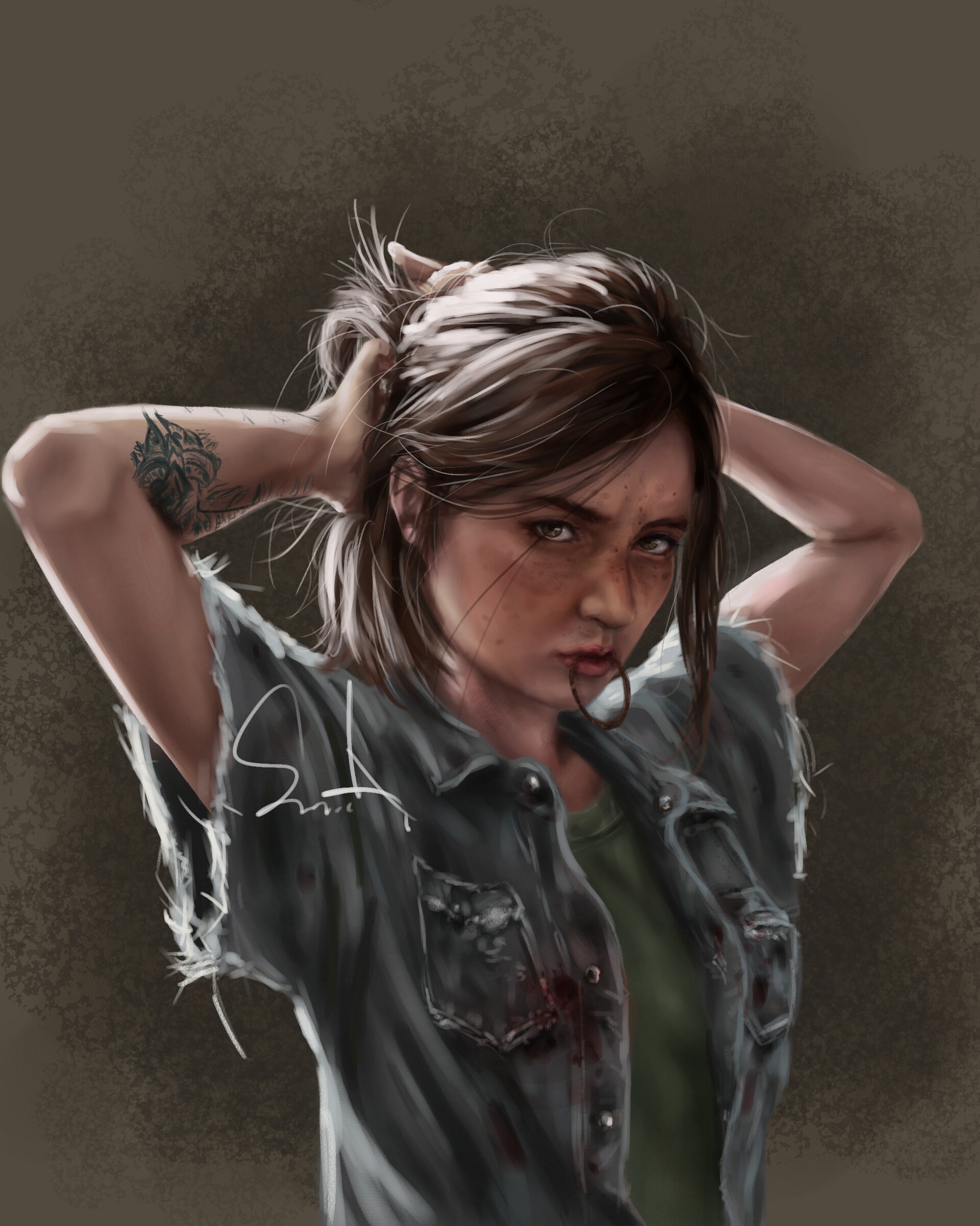 General 1920x2400 Small Alley video games video game girls artwork video game characters digital painting digital art messy hair green top hand(s) in hair arm(s) behind head T-shirt grey jacket looking at viewer brunette green eyes blood fictional character jacket tattoo portrait display portrait The Last of Us The Last of Us 2 fan art simple background tattoo sleeve brown background arms up video game art women ArtStation Ellie Williams Smalley inked girls