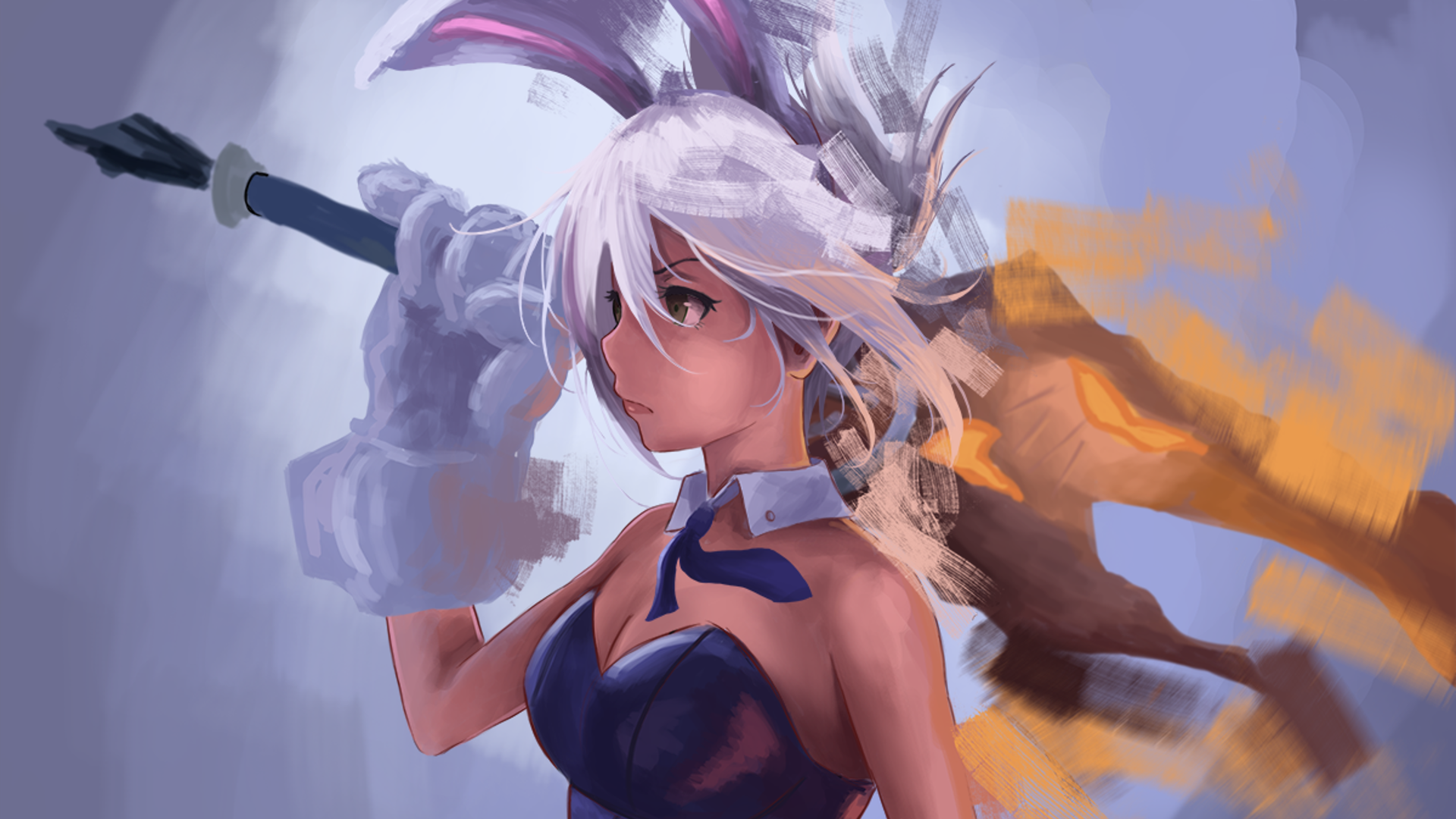 Anime 1920x1080 League of Legends Riven (League of Legends) girls with guns simple background bunny girl bunny ears Ivan Navarro anime girls bunny suit dark skin