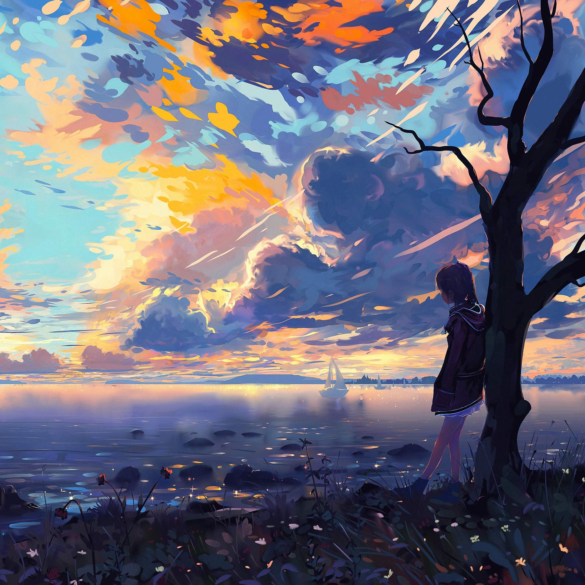 Anime 2048x2048 anime nature sky clouds anime girls leaning trees alone women outdoors